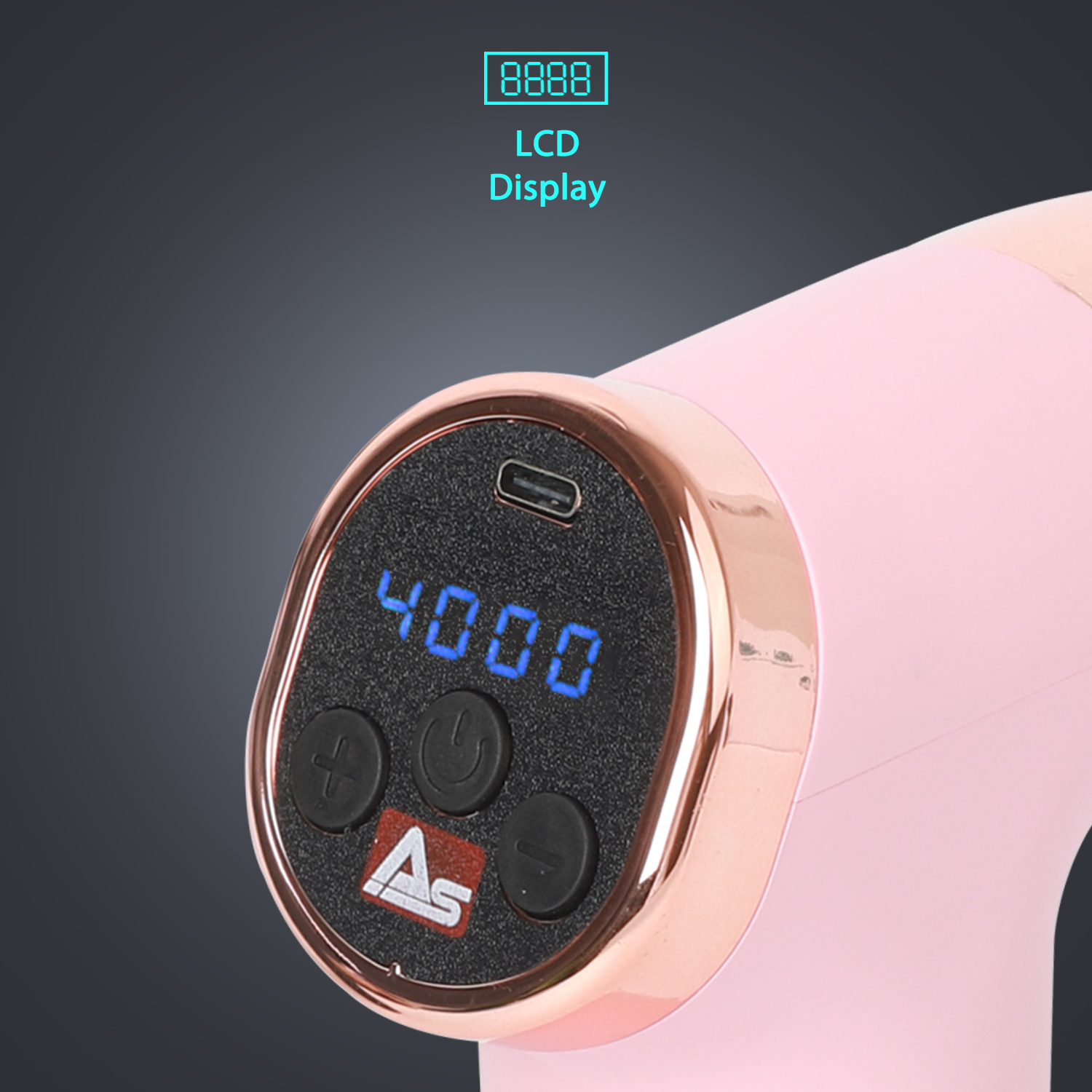 Pinke Massagepistole mit LCD-Anzeige, die 4000 anzeigt. Roségoldfarbene Verzierungen und Knöpfe.