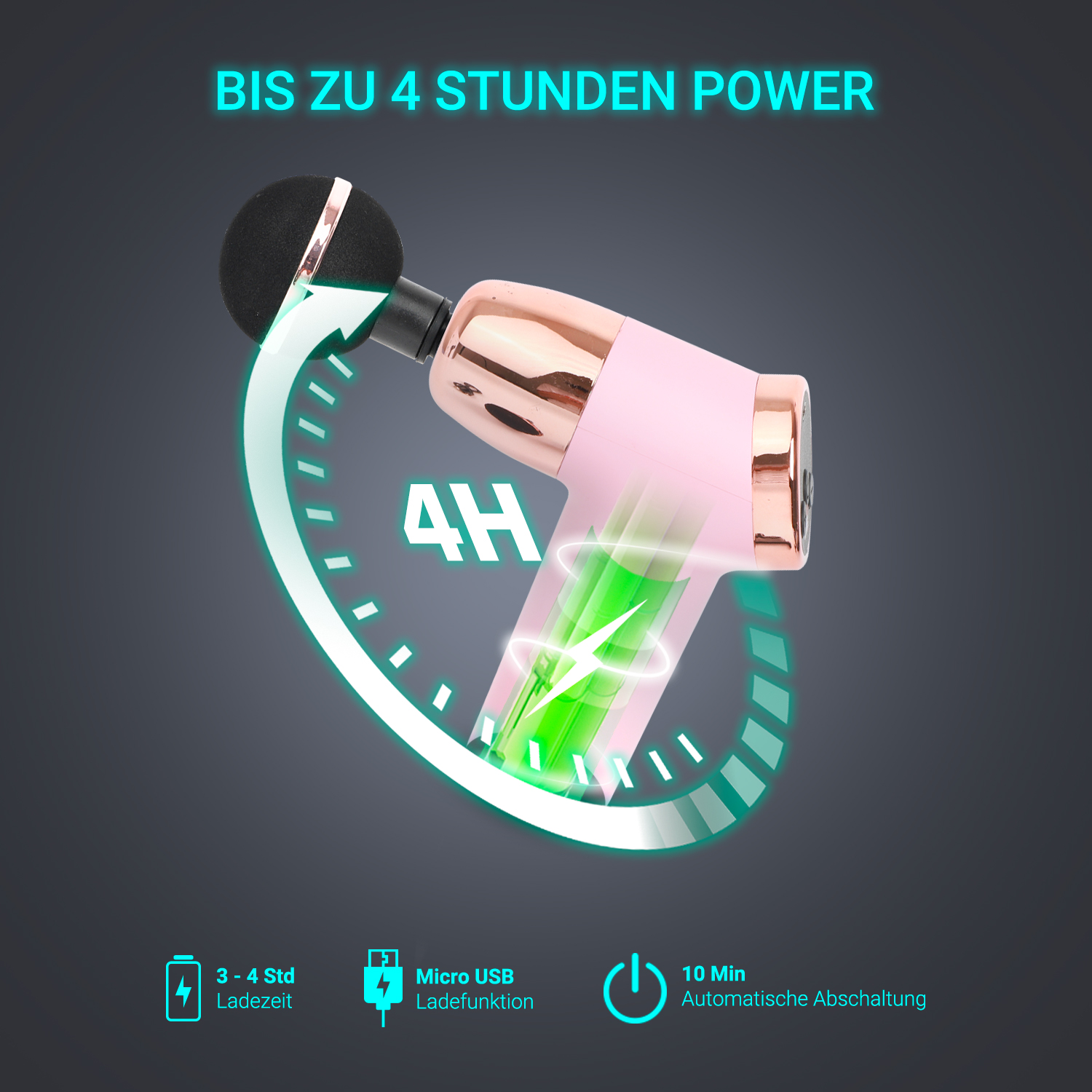Eine rosa-goldene Massagepistole wird gezeigt. Ein grüner Batteriestand wird angezeigt. Text über Leistung und Aufladung ist sichtbar.
