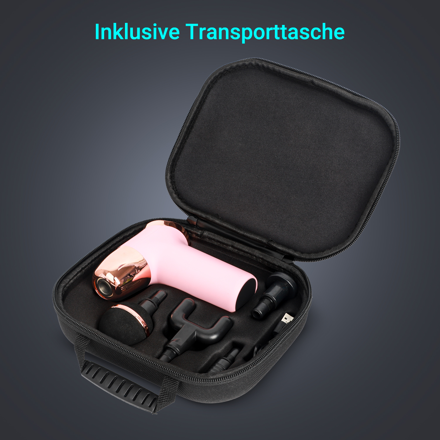 Rosa-goldene Massagepistole in schwarzem Koffer mit Zubehör, geöffnet auf dunkler Oberfläche.