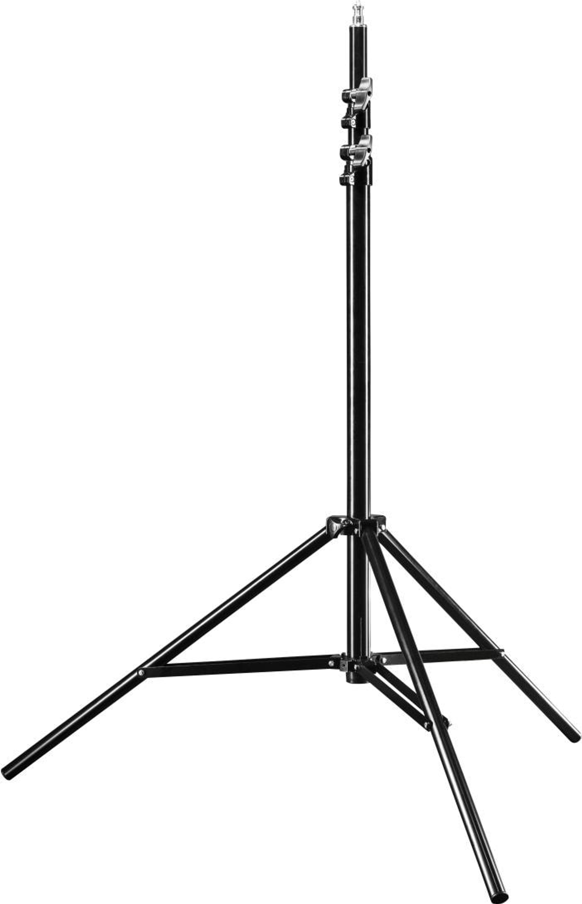 Una base di supporto luce nera con tre gambe aperte e un palo verticale.