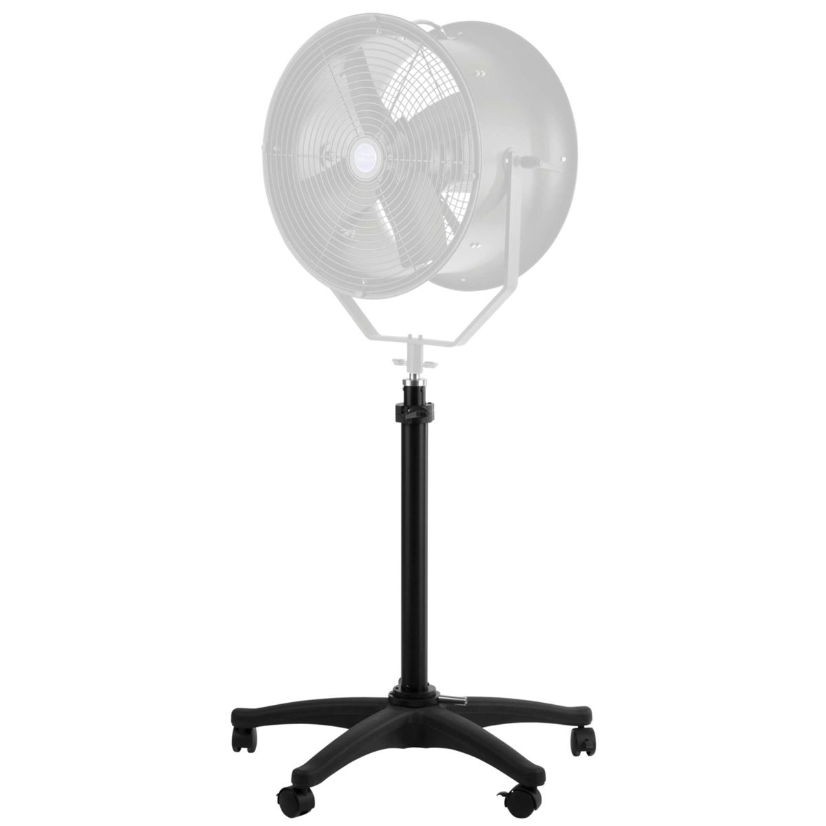 Un grande ventilatore rotondo su un supporto nero con ruote.