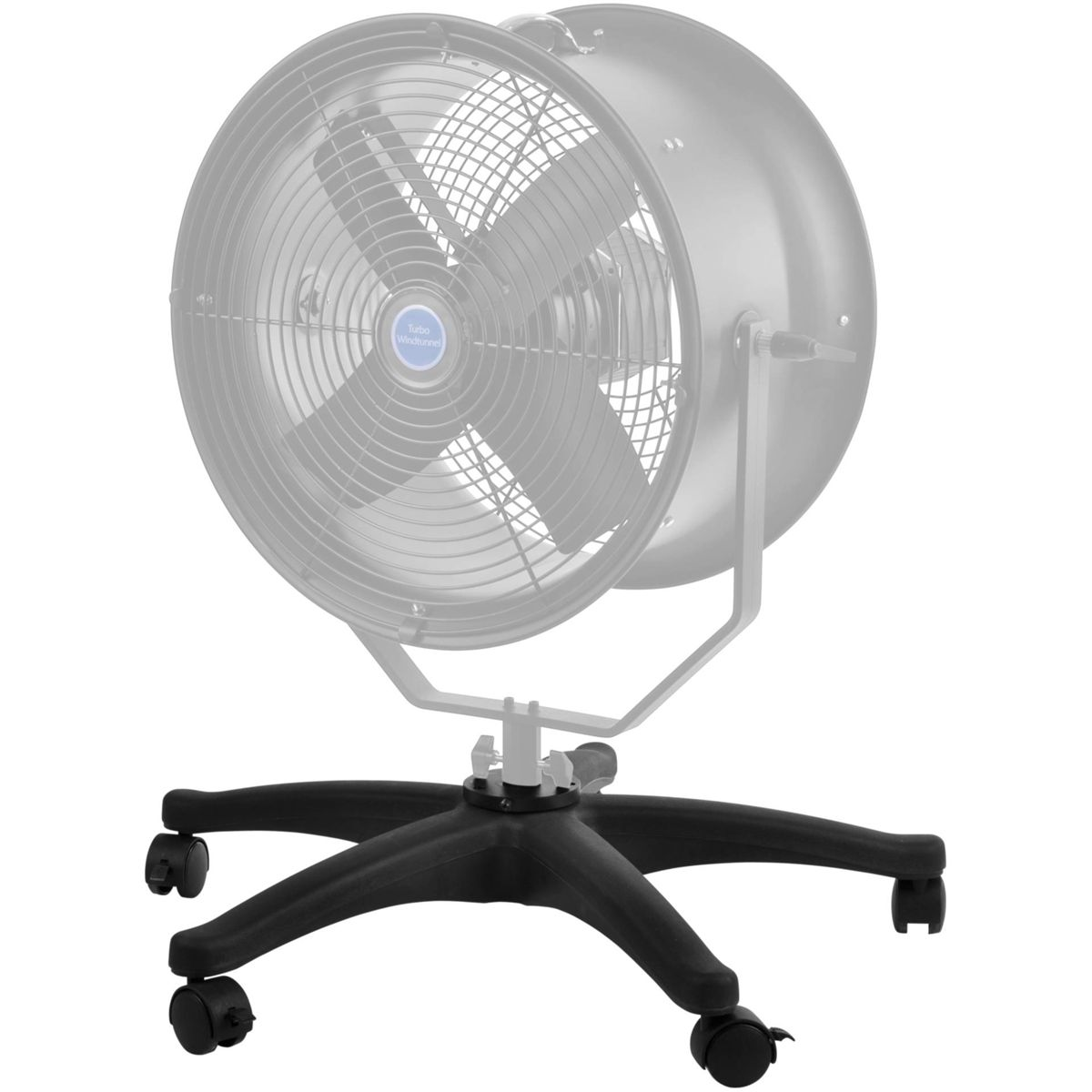 Un grande ventilatore con una base a stella nera dotata di ruote.
