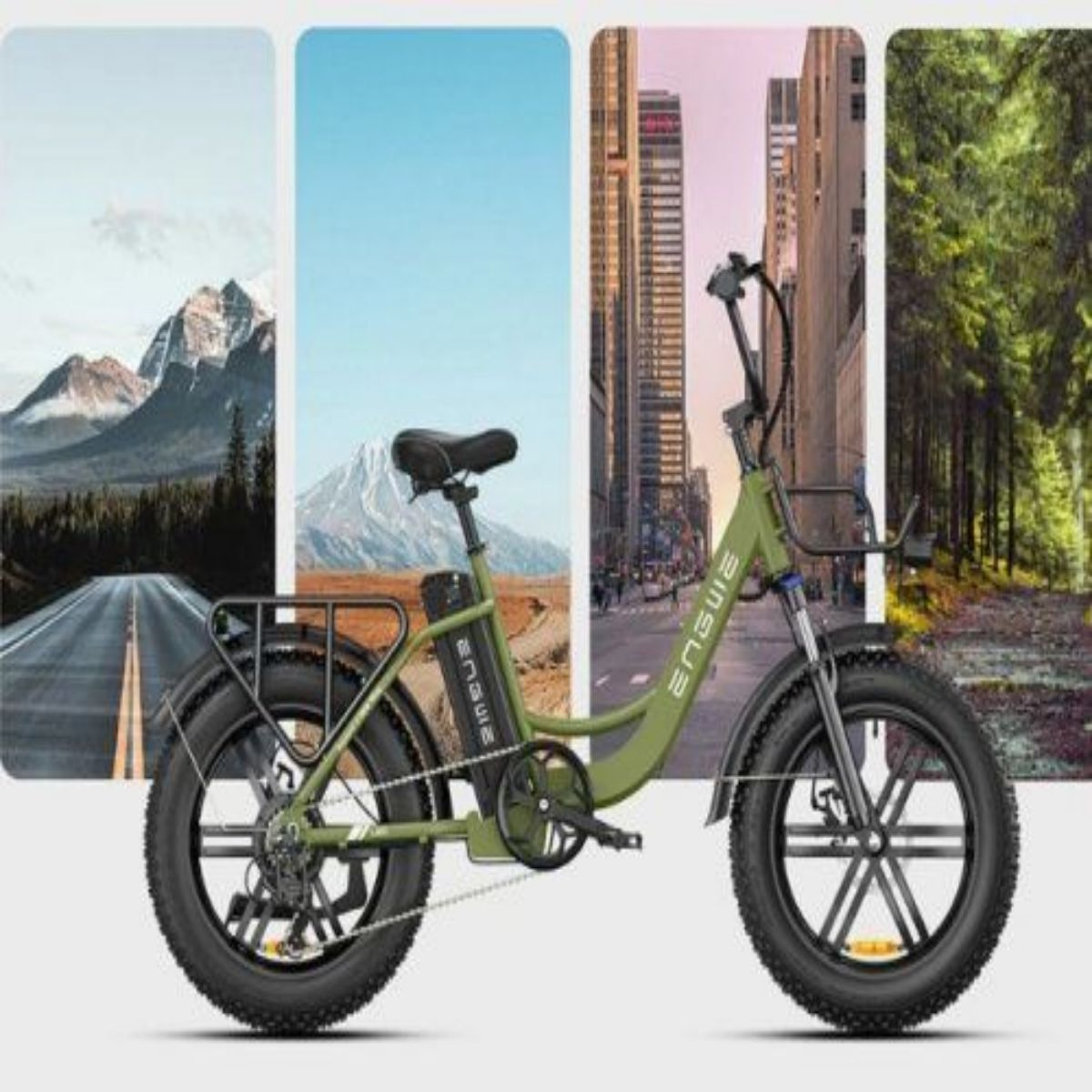 E-bike ENSUIE verde con sfondi urbani e naturali. Con portapacchi e ruote larghe.
