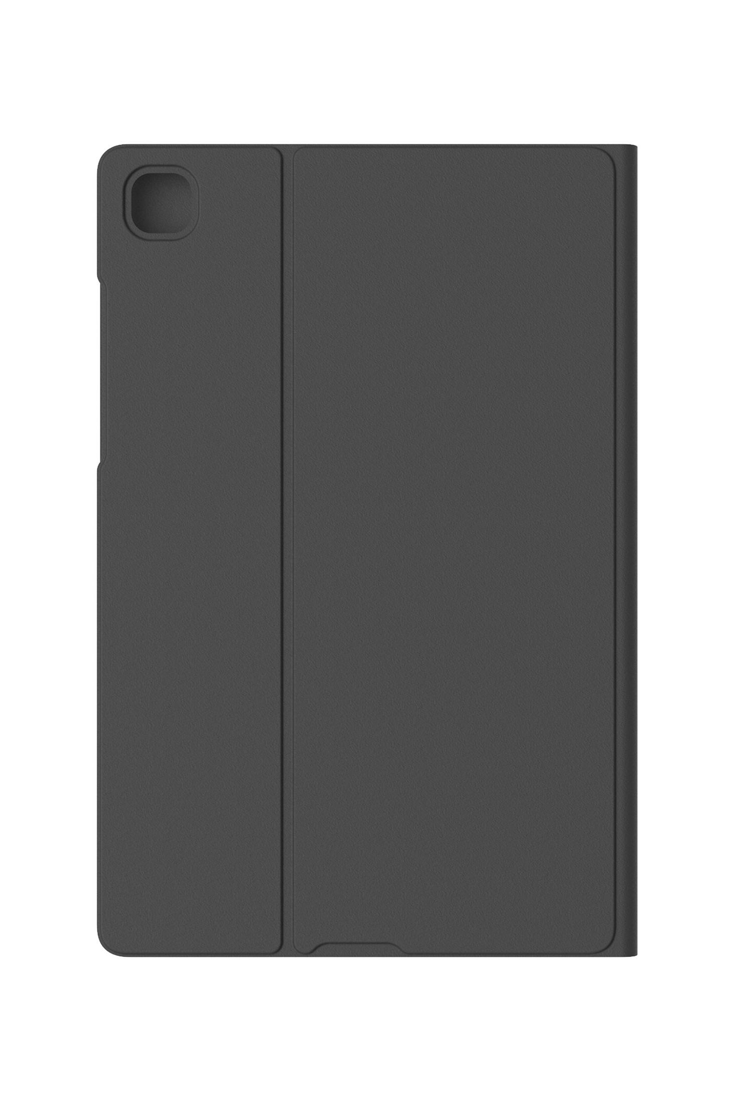 Zamknięte, ciemnoszare etui na tablet. Etui ma osłonę, która składa się na ekranie.