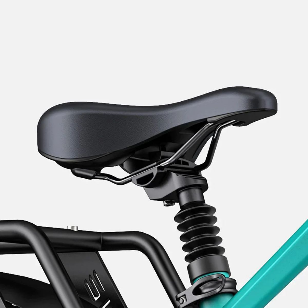 Asiento negro de bicicleta con sistema de suspensión, montado en un cuadro.