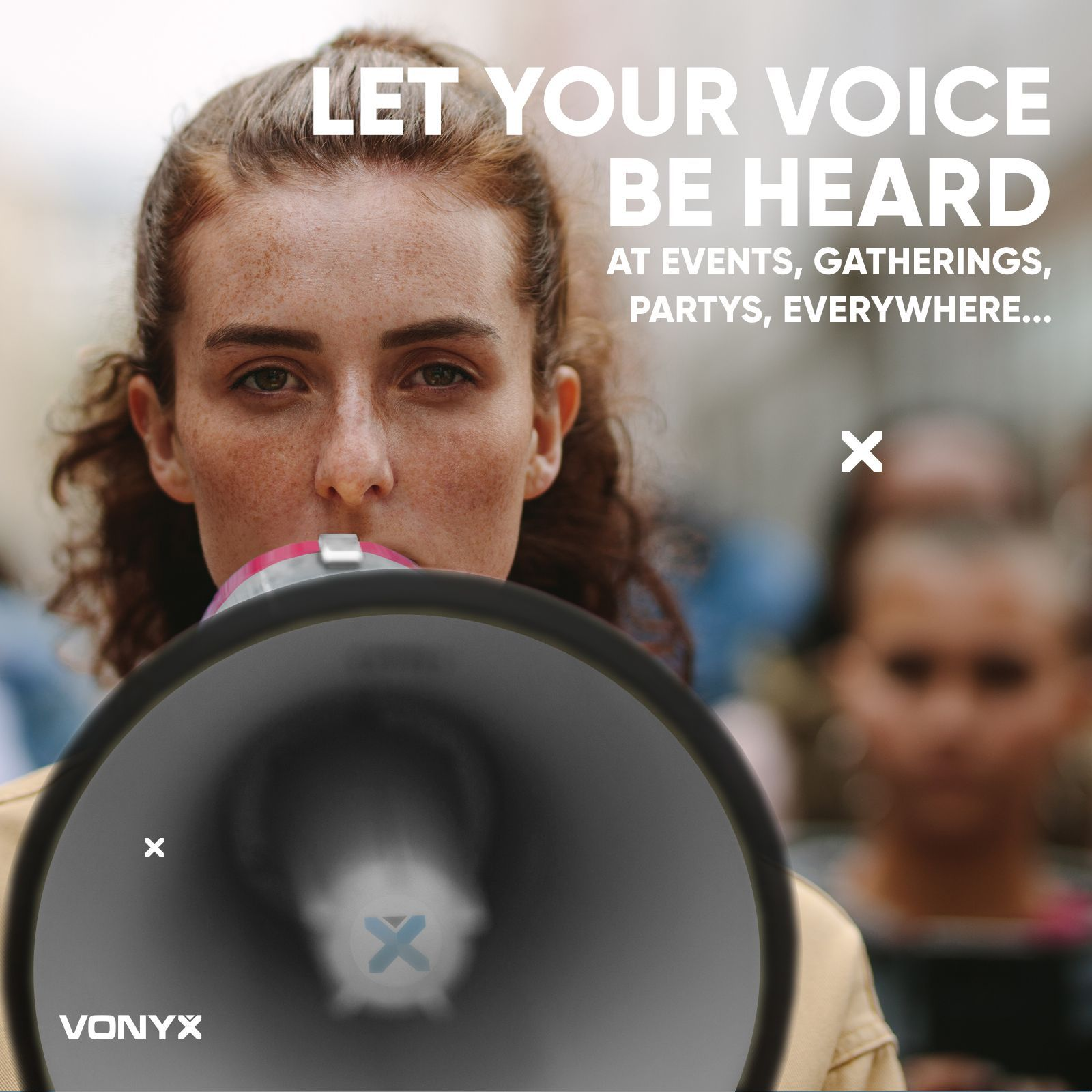 Woman speaking into a megaphone with text: Let Your Voice Be Heard.