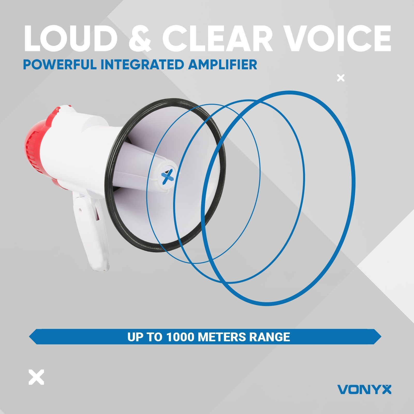 A white and red megaphone with blue sound wave outlines.