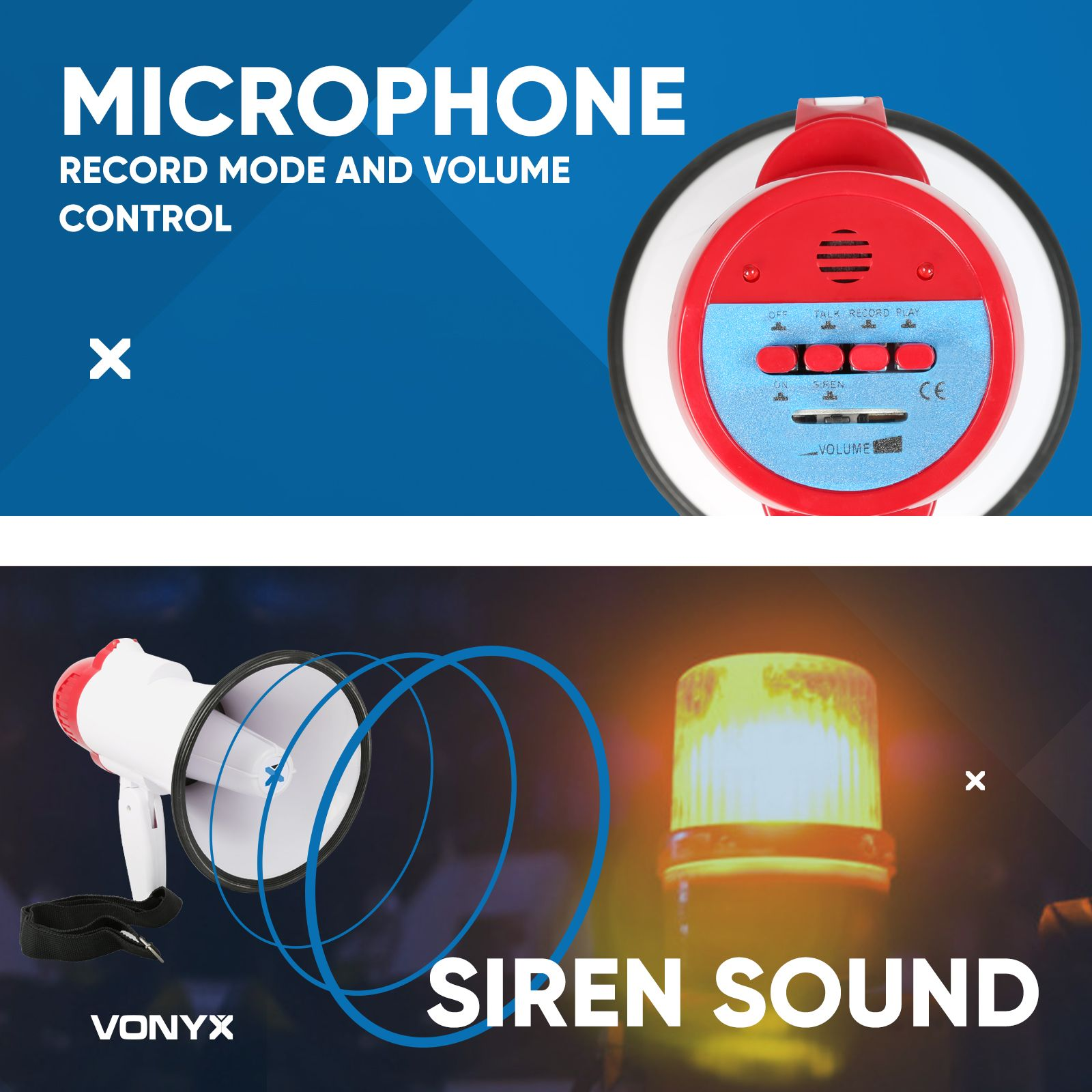 Megaphone with top view of controls and a graphic of a siren with text.