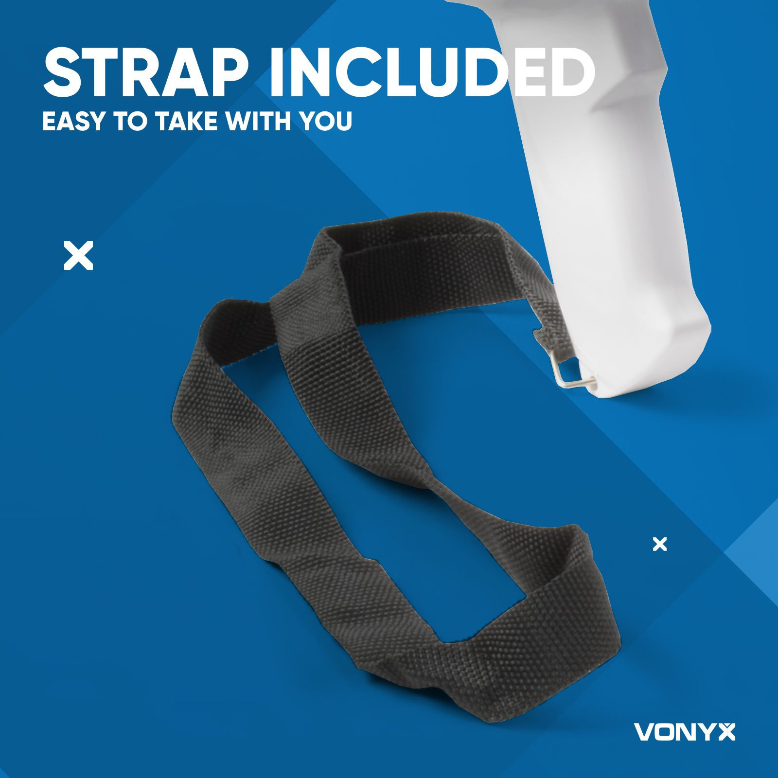 Black strap and white accessory on a blue background.