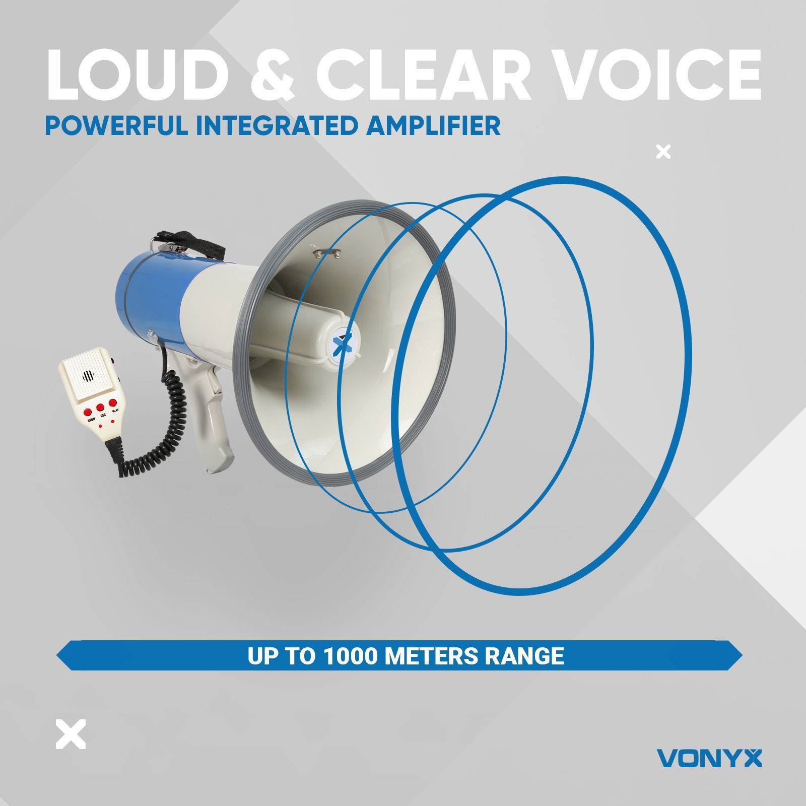 White and blue megaphone with a microphone and text, indicating a 1000 meter range.