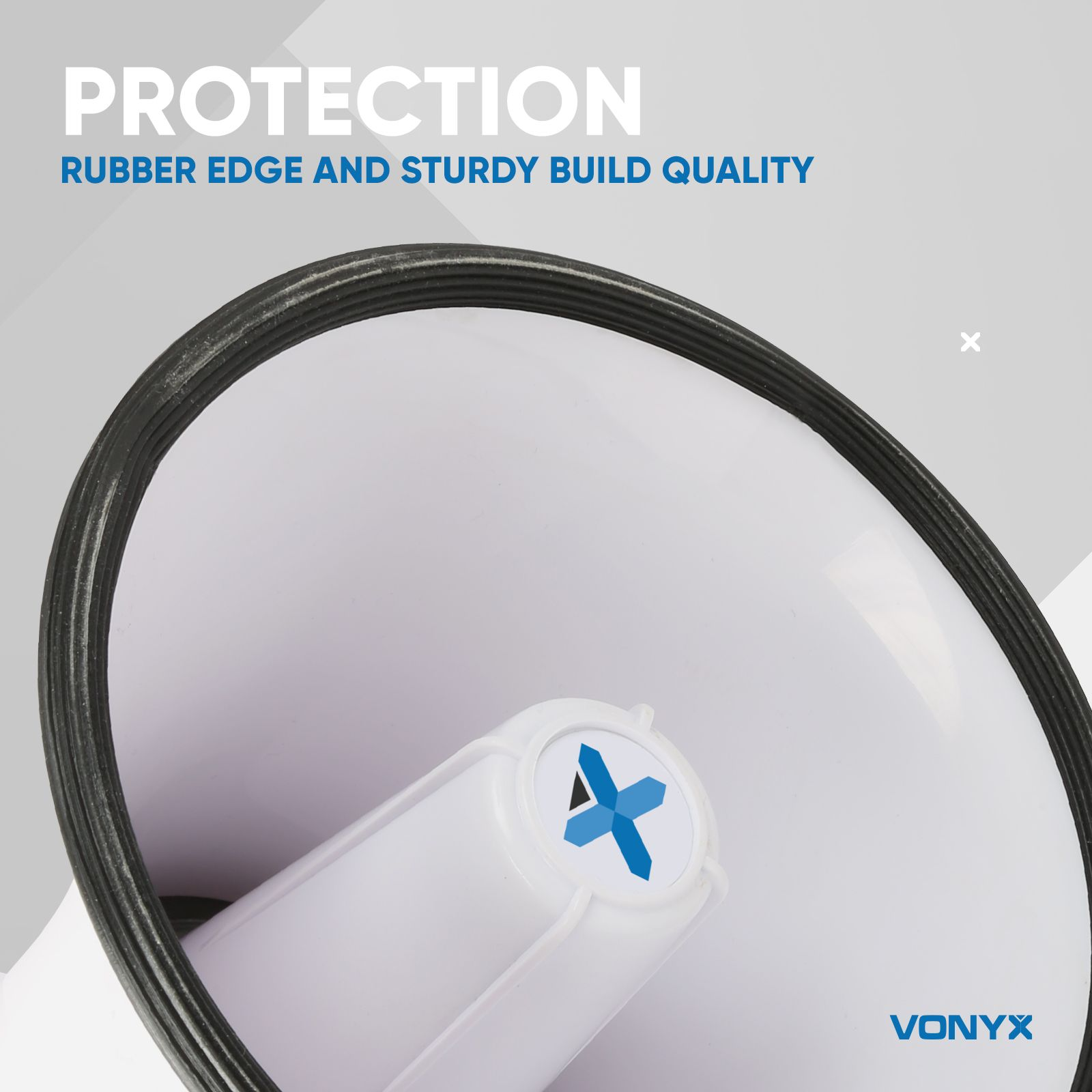 White megaphone with black rubber edge. Text reads: PROTECTION, RUBBER EDGE.