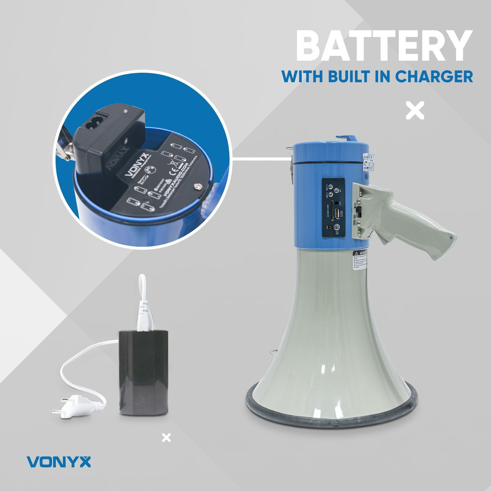 Blue and grey megaphone. Includes charger and battery. White background.