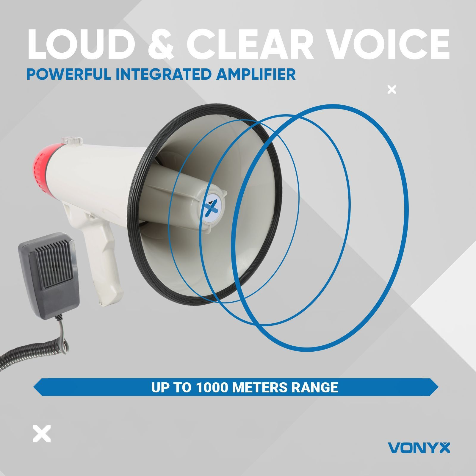 White and blue megaphone with a microphone and text, indicating a 1000 meter range.