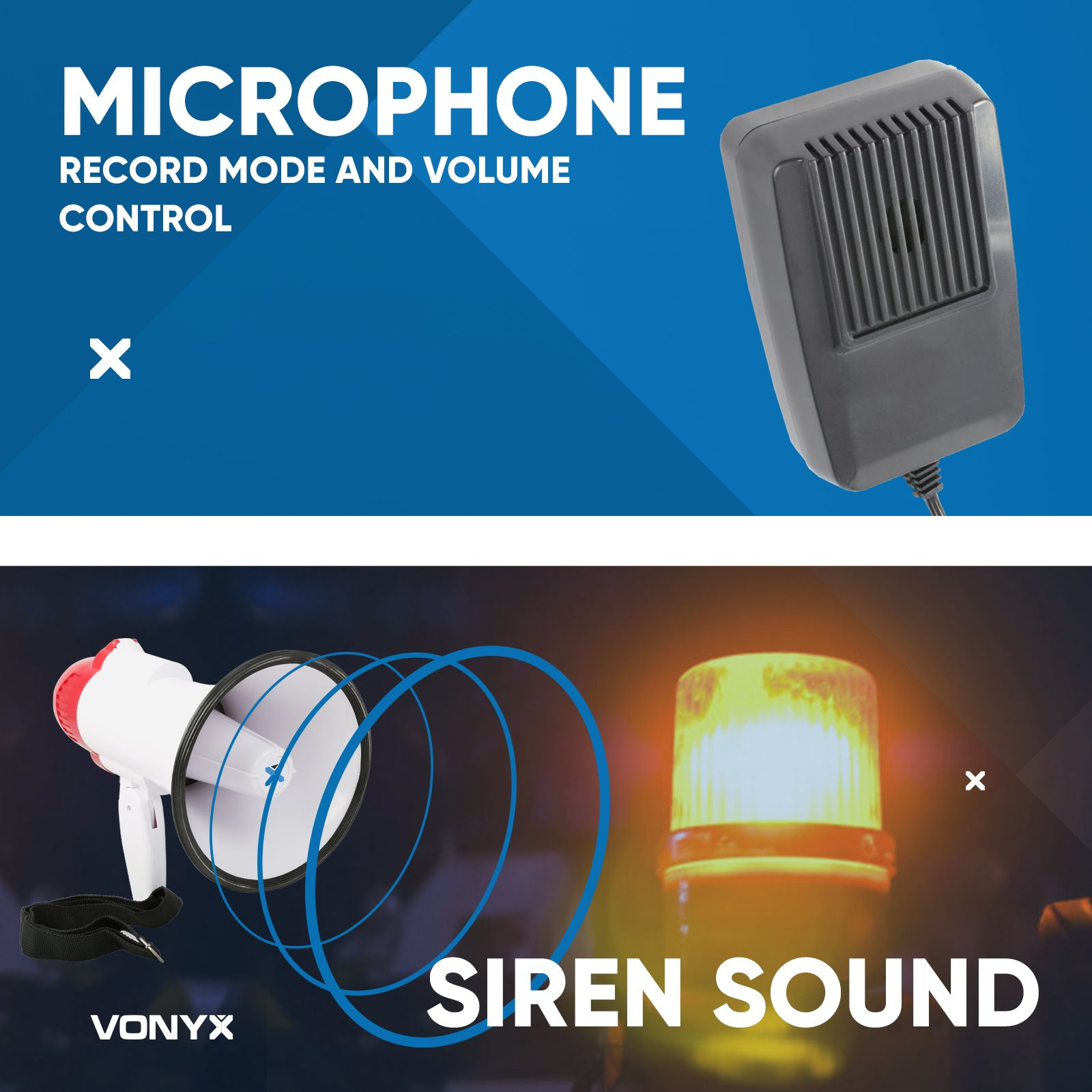 Two images. One has a microphone with text 'MICROPHONE RECORD MODE AND VOLUME CONTROL'.