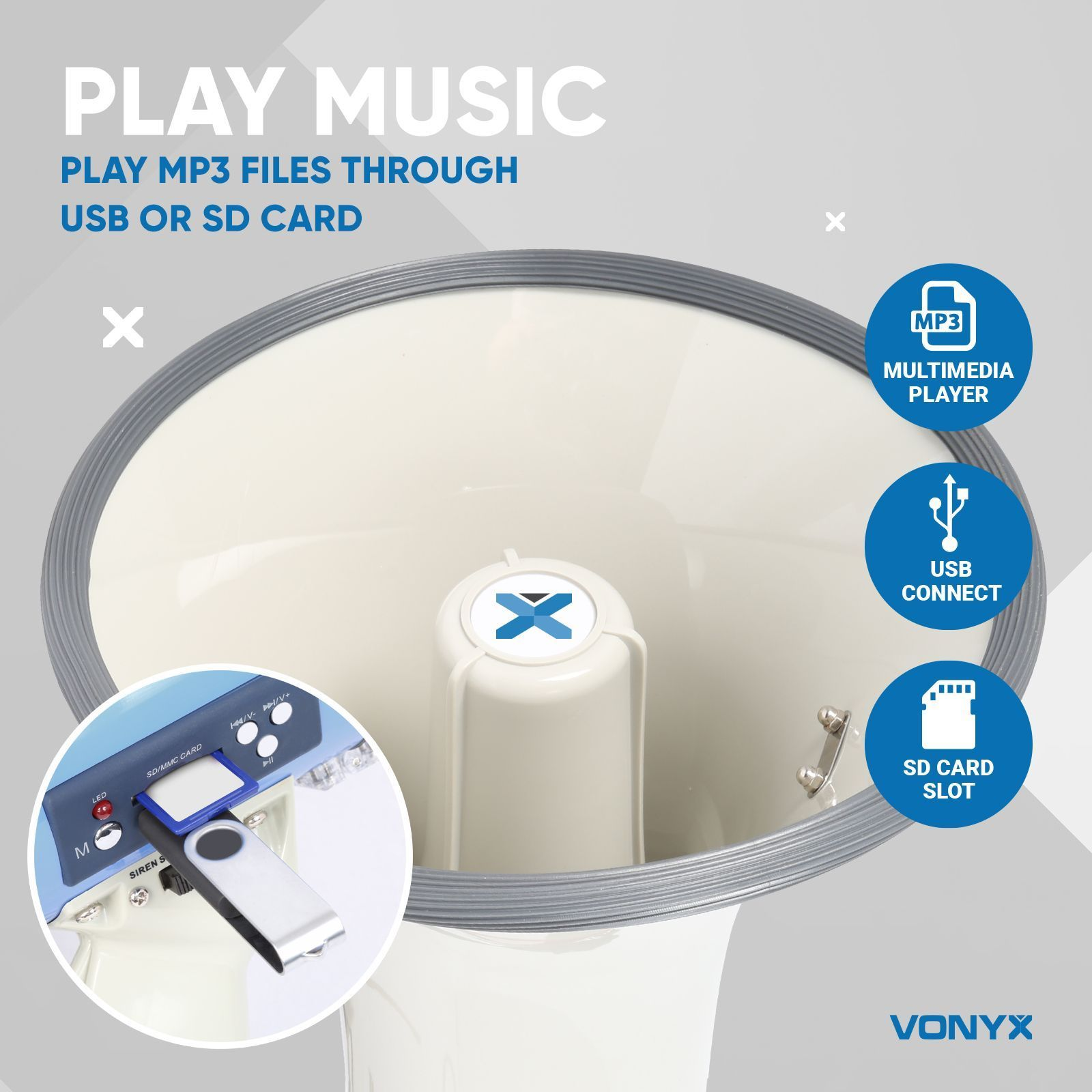 A white megaphone with a blue center. There's a USB and SD card slot shown.