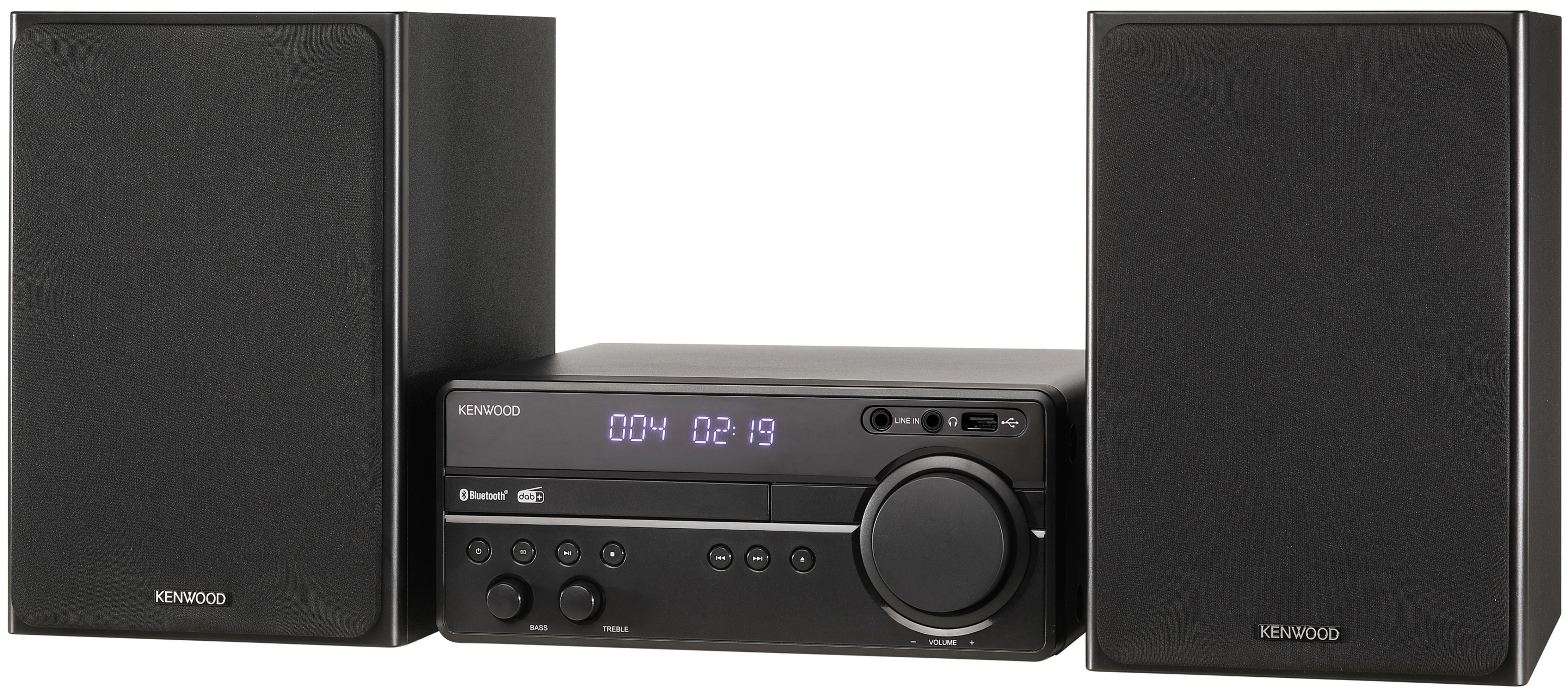 Sistema estéreo negro con dos altavoces. El sistema tiene una pantalla, botones y un mando de volumen.