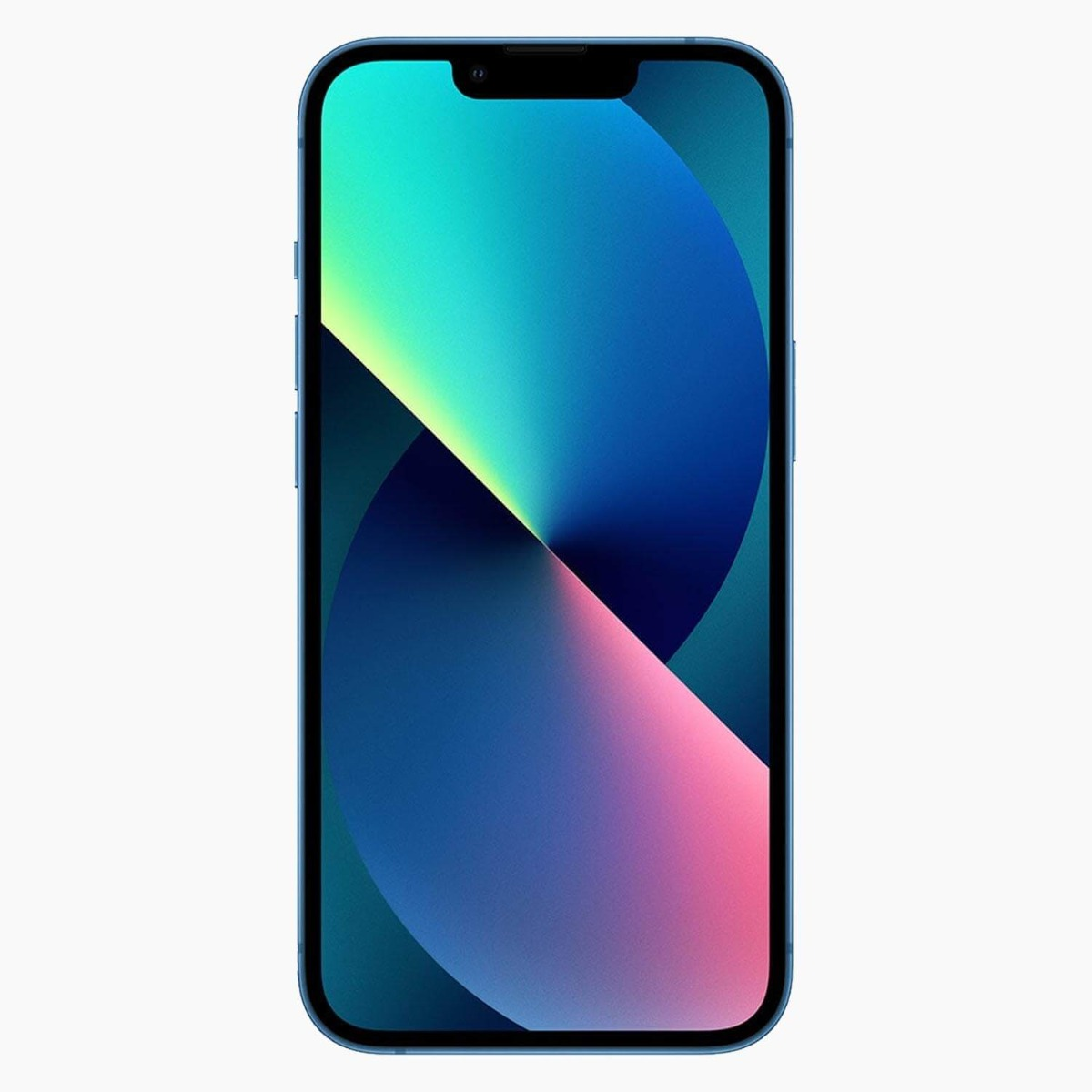 Smartphone azul con una pantalla que muestra un gradiente colorido abstracto. El teléfono está sobre fondo blanco.