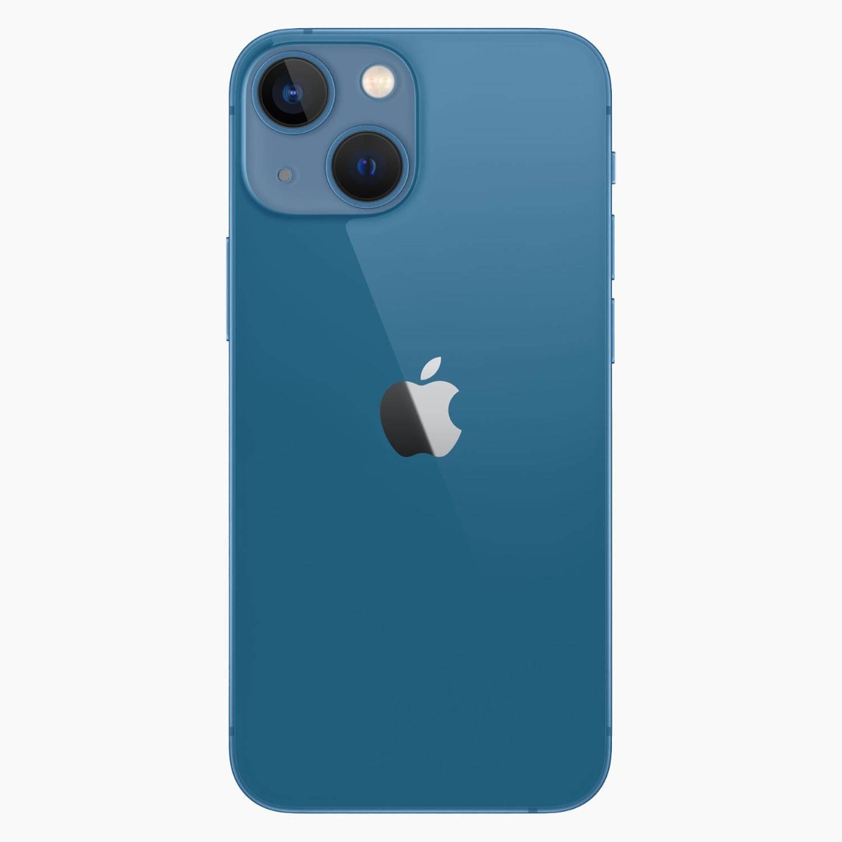 Parte trasera azul del iPhone 13 con lentes de cámara y el logotipo de Apple sobre fondo blanco.
