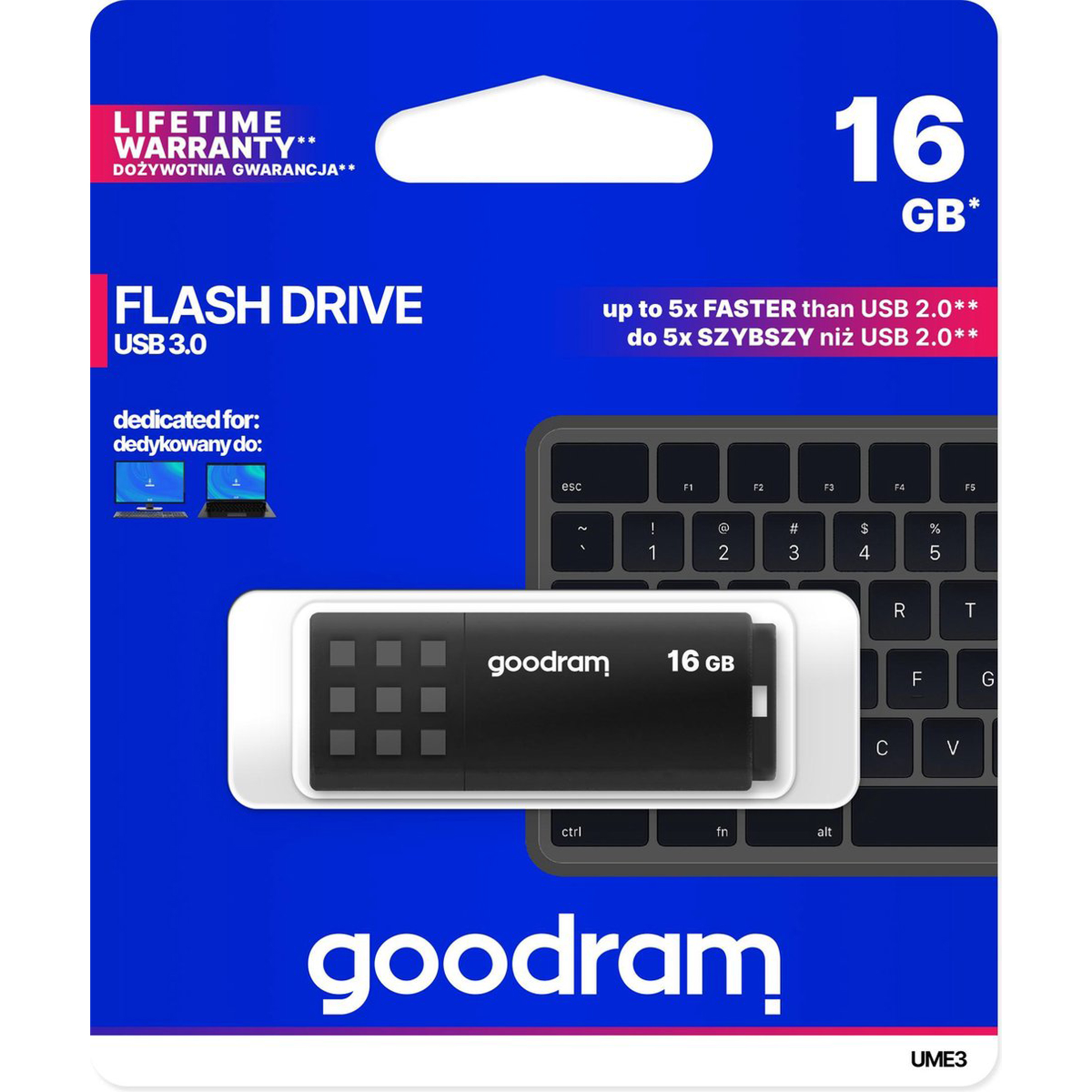 Flash drive in packaging. Black USB drive with 16GB capacity. Keyboard background.