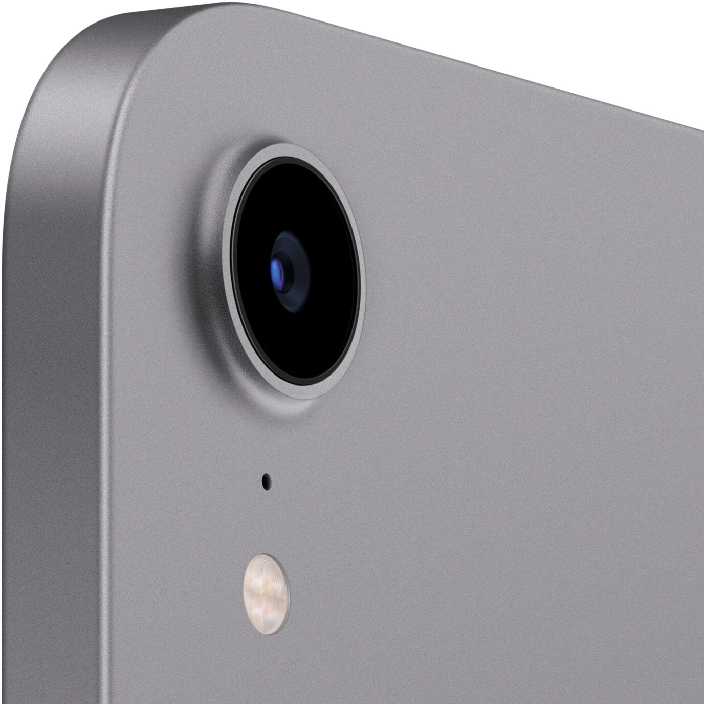 Primo piano della fotocamera, del flash e di altri sensori di un tablet sul retro grigio metallizzato.