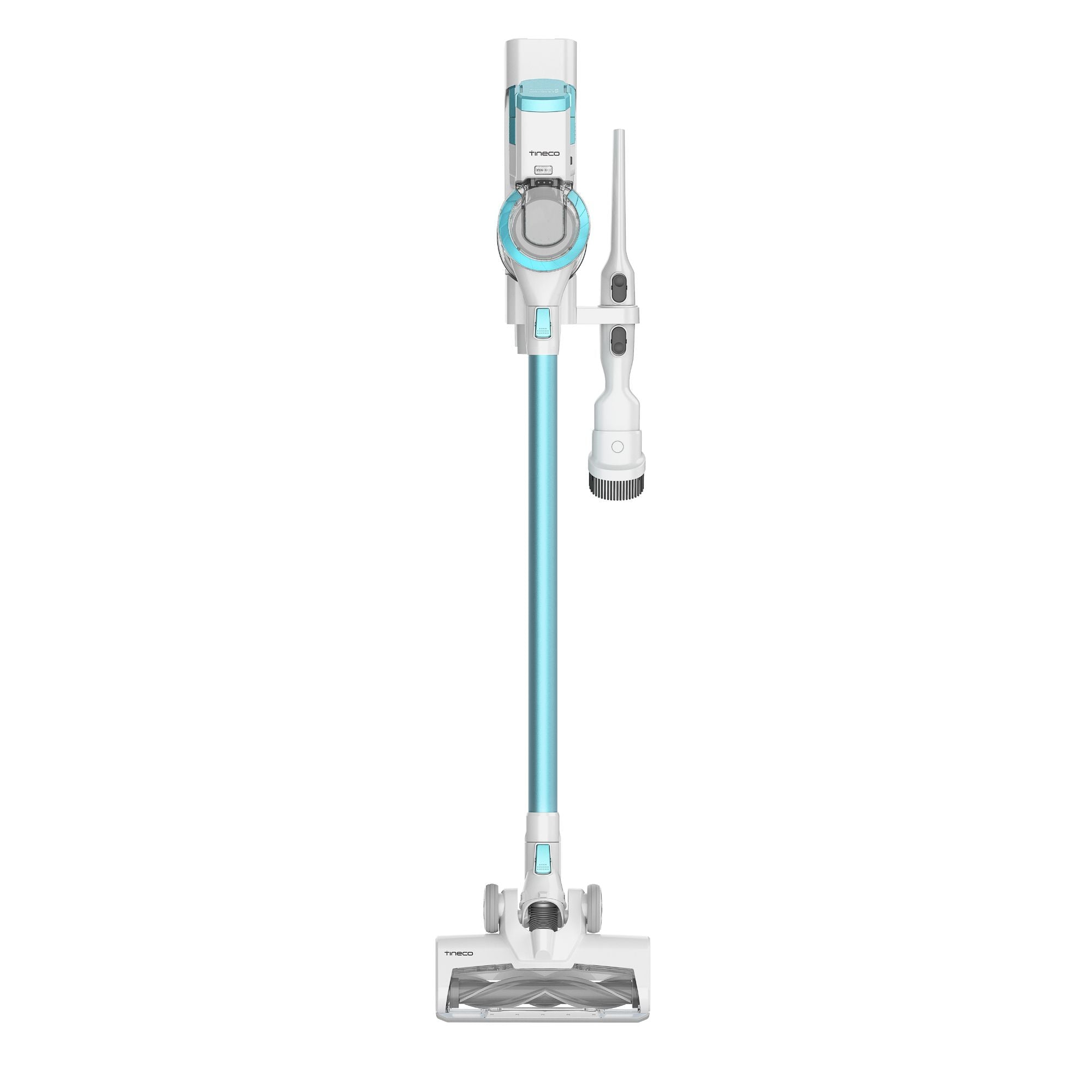Un aspirateur-balai blanc et bleu-vert. Il est debout avec des accessoires, sur fond blanc.