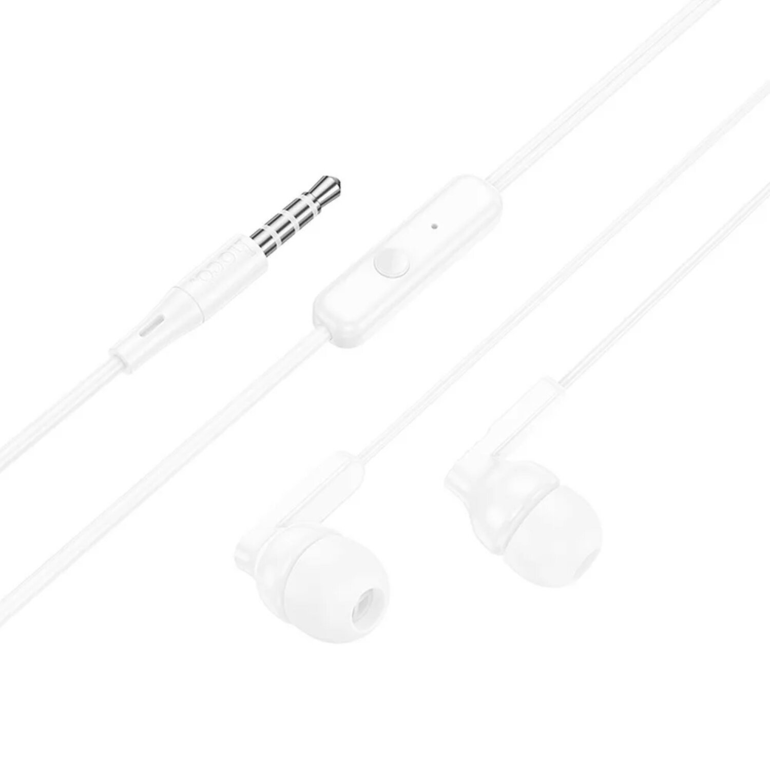 Auricolari bianchi con pannello di controllo e connettore. Sfondo bianco.