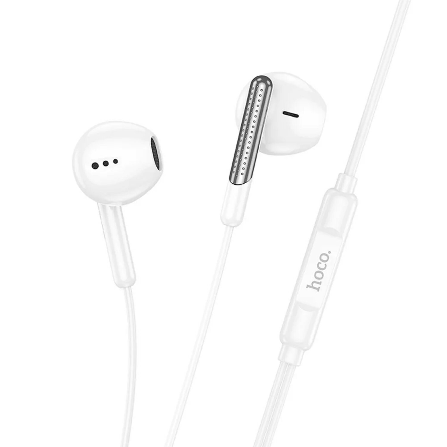 Weiße In-Ear-Kopfhörer mit Steuerung und dem Wort 'hoco'. Der Hintergrund ist weiß.