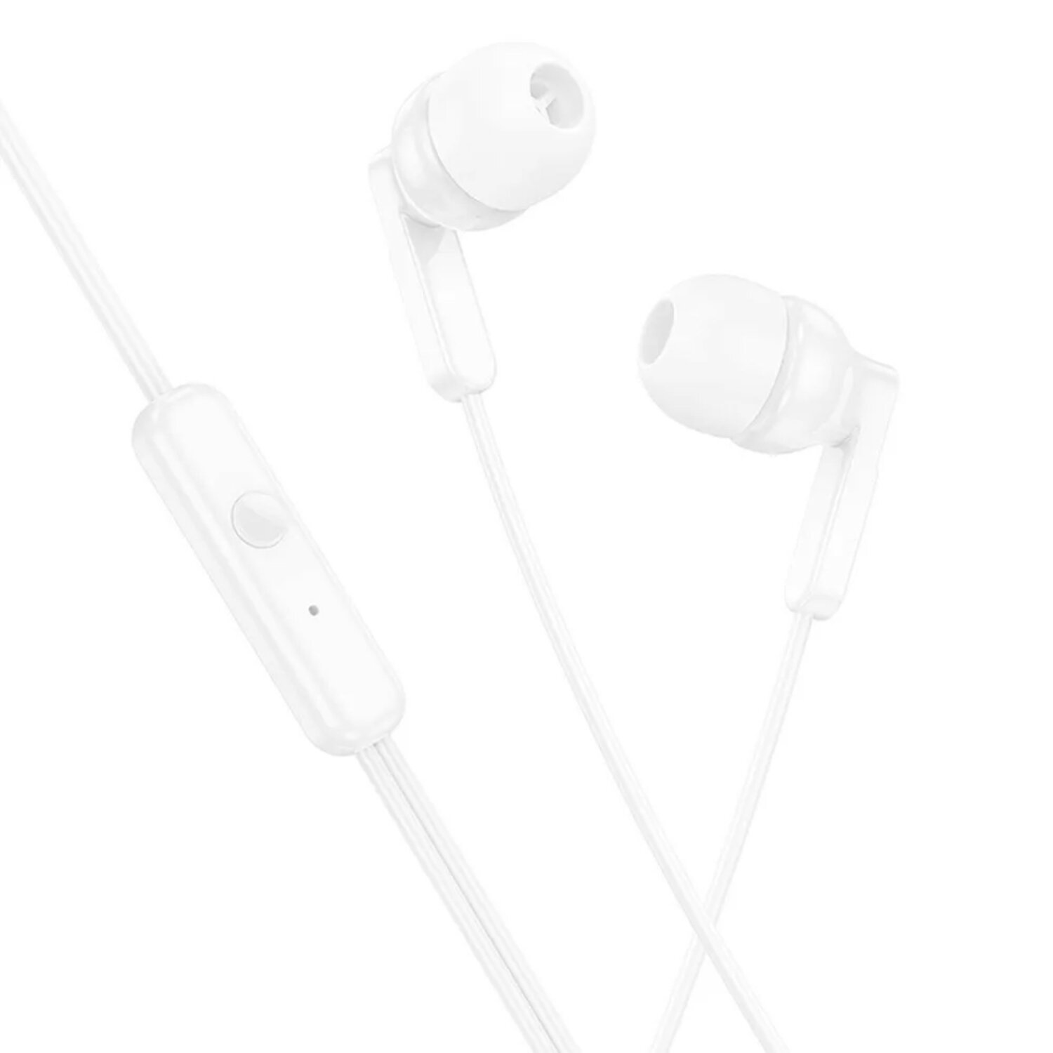 Auricolari bianchi con un pulsante di controllo e sfondo bianco.