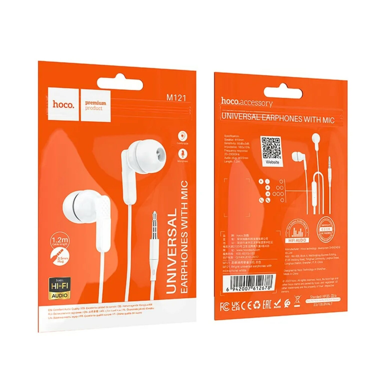 Auricolari bianchi con microfono sono esposti su una confezione arancione con dettagli del prodotto.