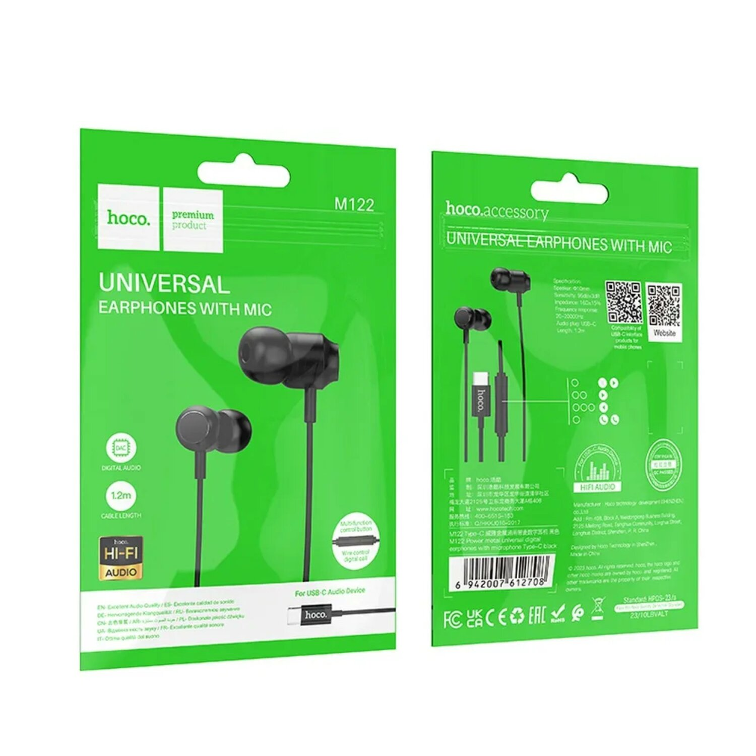 Grün-weiße Verpackung von Universal-Ohrhörern mit Mikrofon, schwarze Ohrhörer.