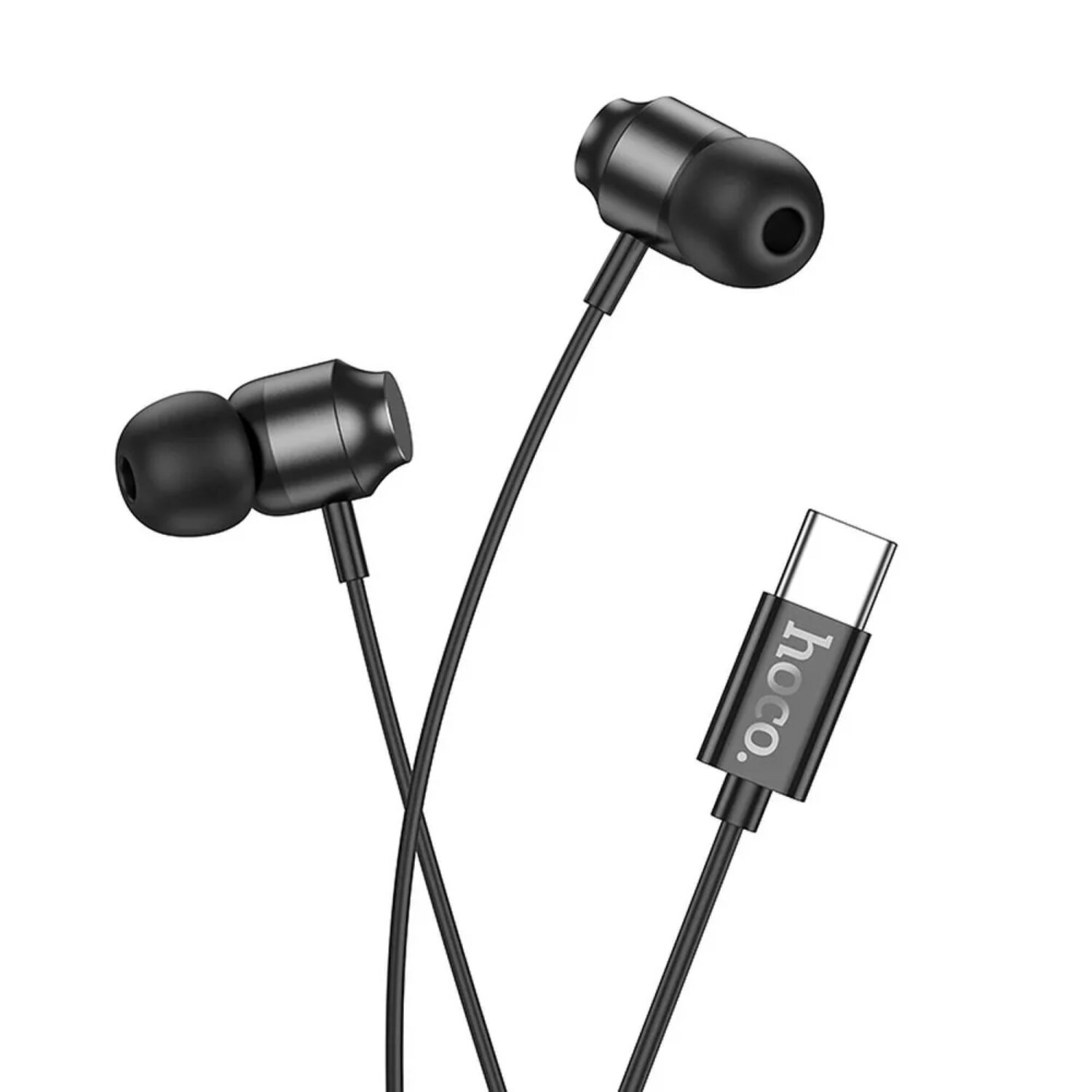 Zwei schwarze Ohrhörer, die durch ein Kabel mit einem USB-C-Anschluss verbunden sind. Der Hintergrund ist weiß.