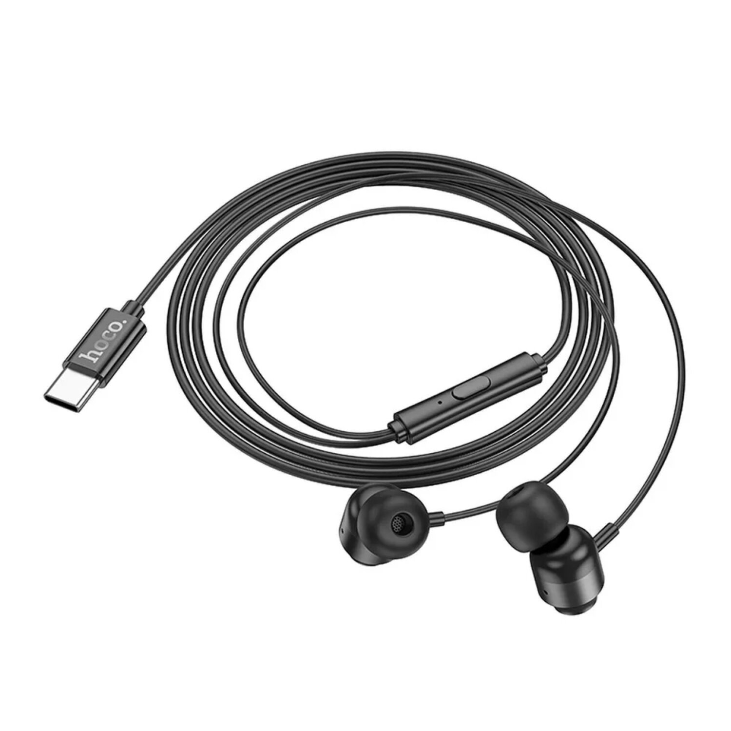 Schwarze Kopfhörer mit USB-C-Anschluss. Das Kabel ist schwarz, und es gibt eine Steuerung am Kabel.