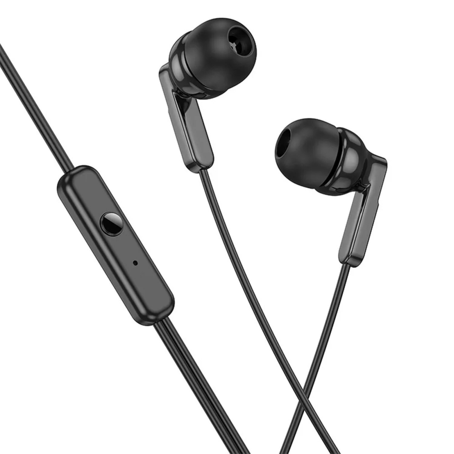 Auricolari con filo neri con microfono. C'è un pulsante di controllo.