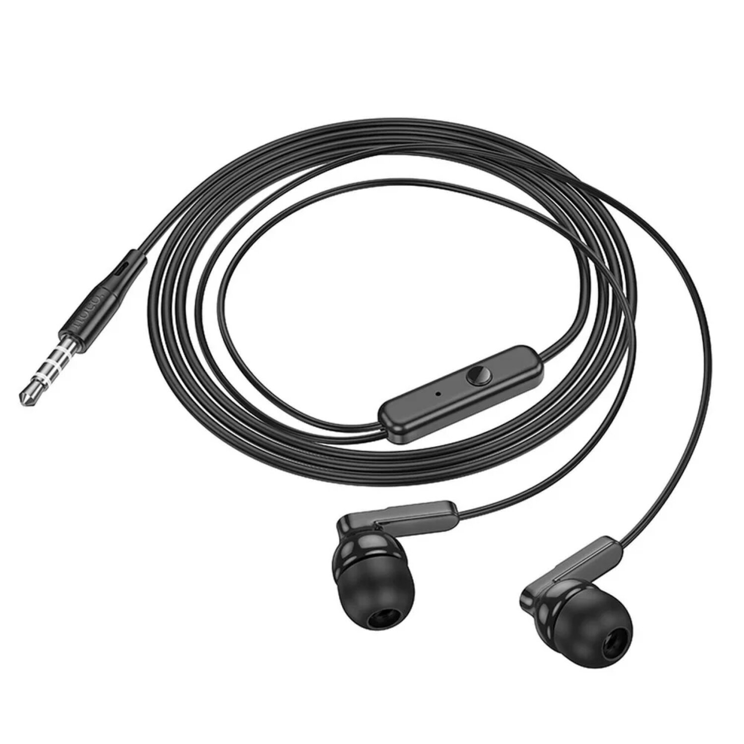 Auricolari neri con cavo e pulsante di controllo. Sfondo bianco.