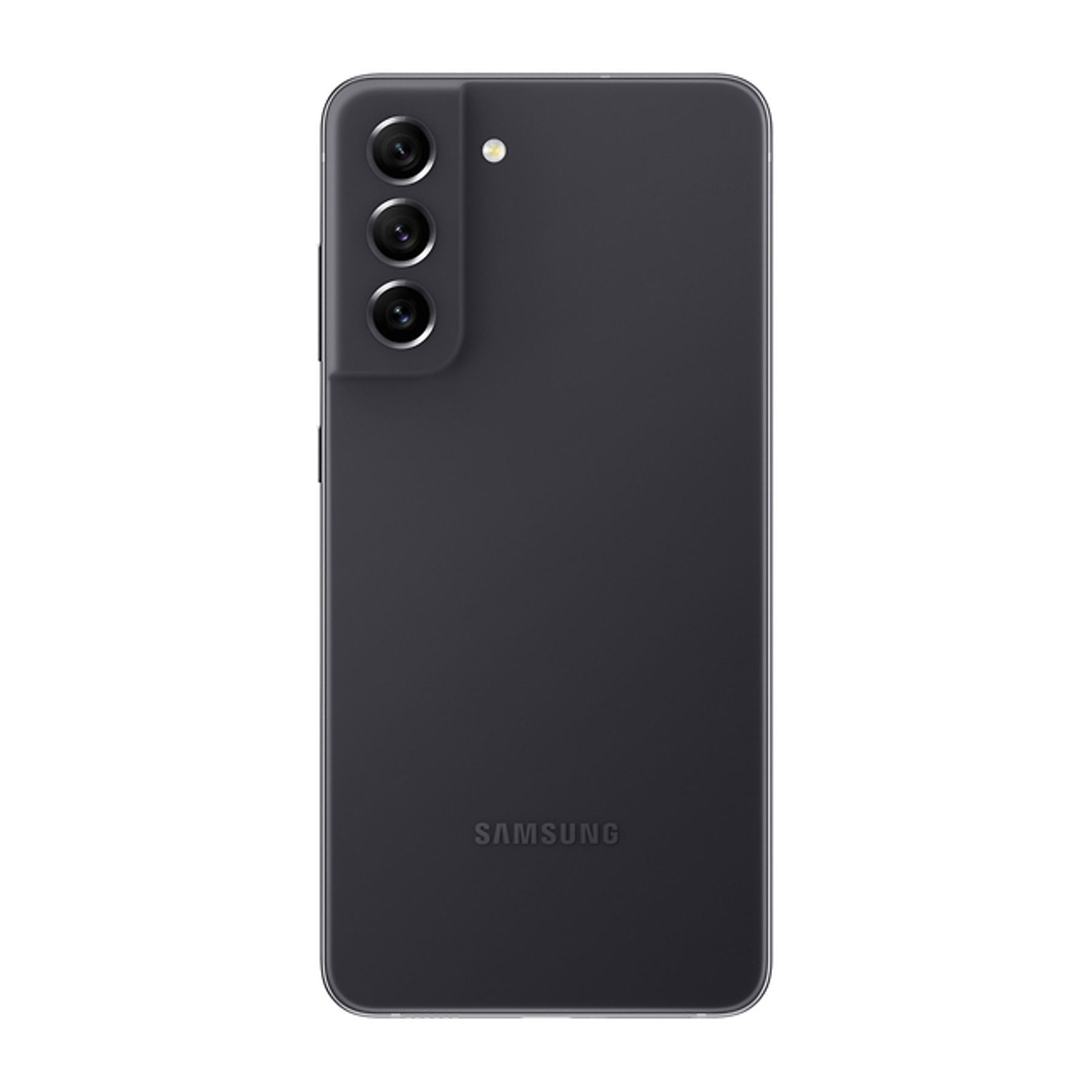 Un teléfono Samsung gris oscuro. La parte trasera tiene tres cámaras y el logotipo de Samsung.