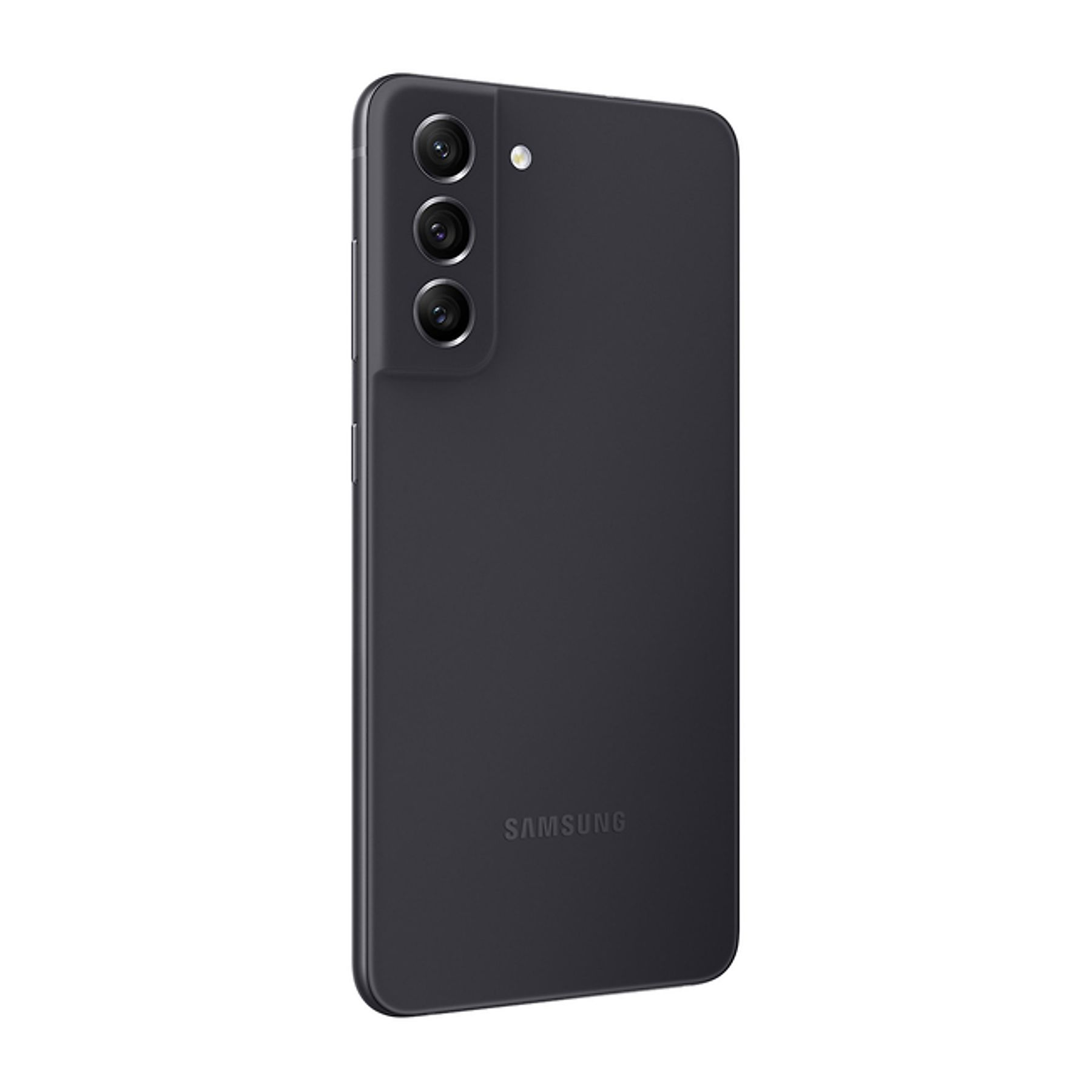 Teléfono gris oscuro, tres cámaras traseras, logo Samsung.