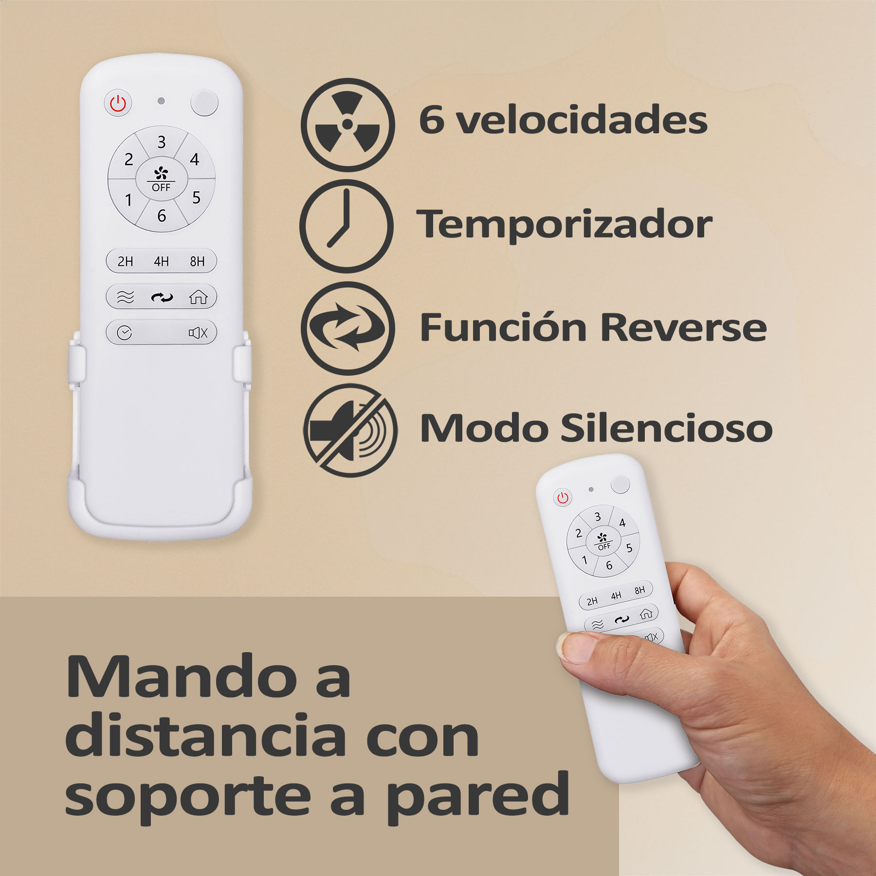 Mando a distancia con soporte. Iconos y texto indican ajustes: velocidad, temporizador, inverso, silencio.