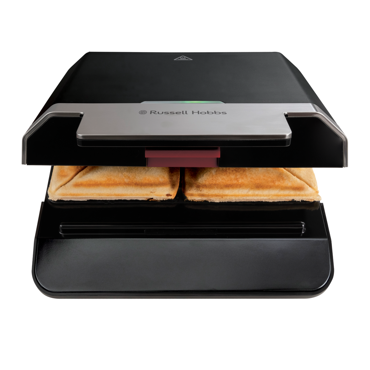 Black Russell Hobbs sandwich maker, open, with two toasted sandwiches inside. Black background.