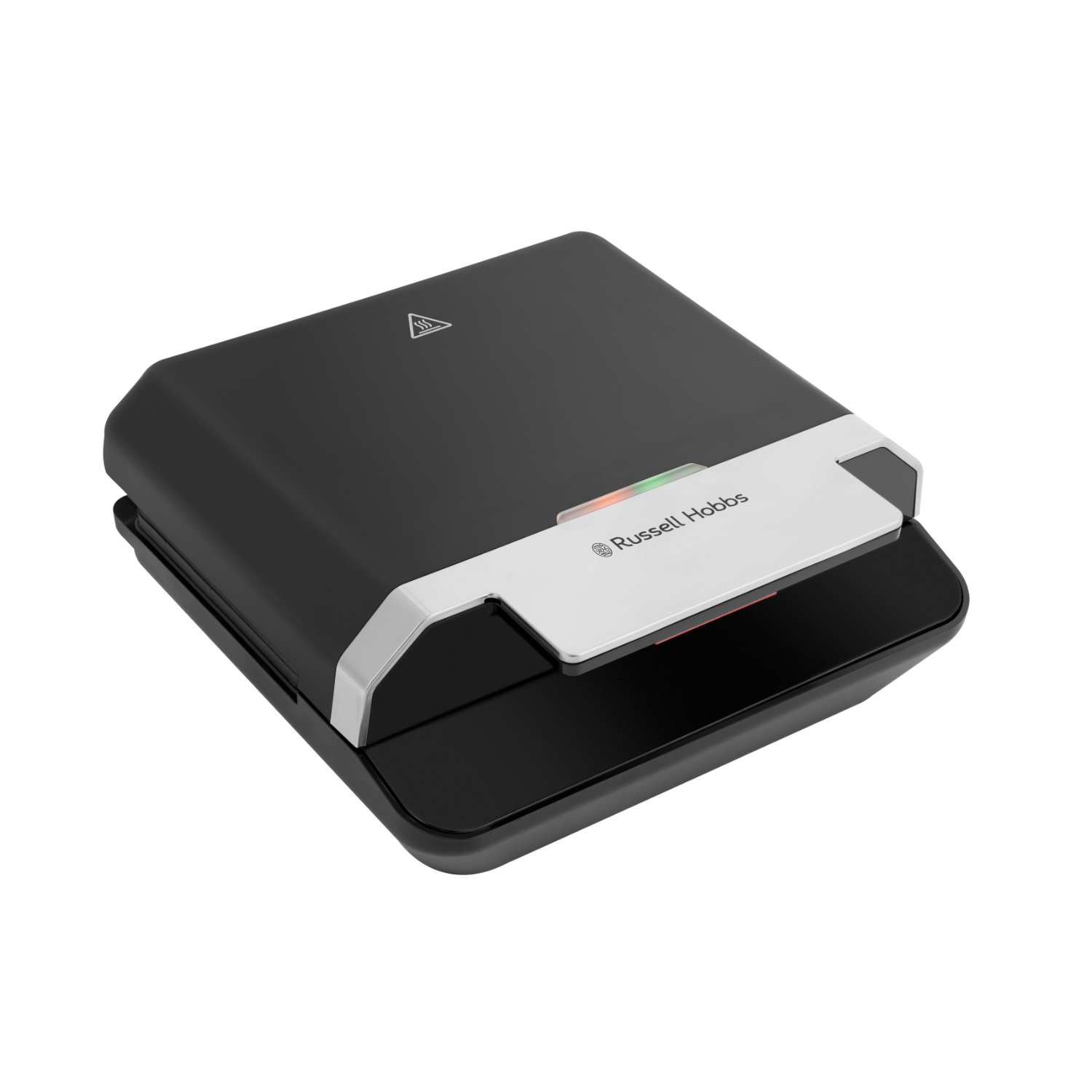 Black and silver Russell Hobbs sandwich maker. Closed, angled view.  A red and green light.