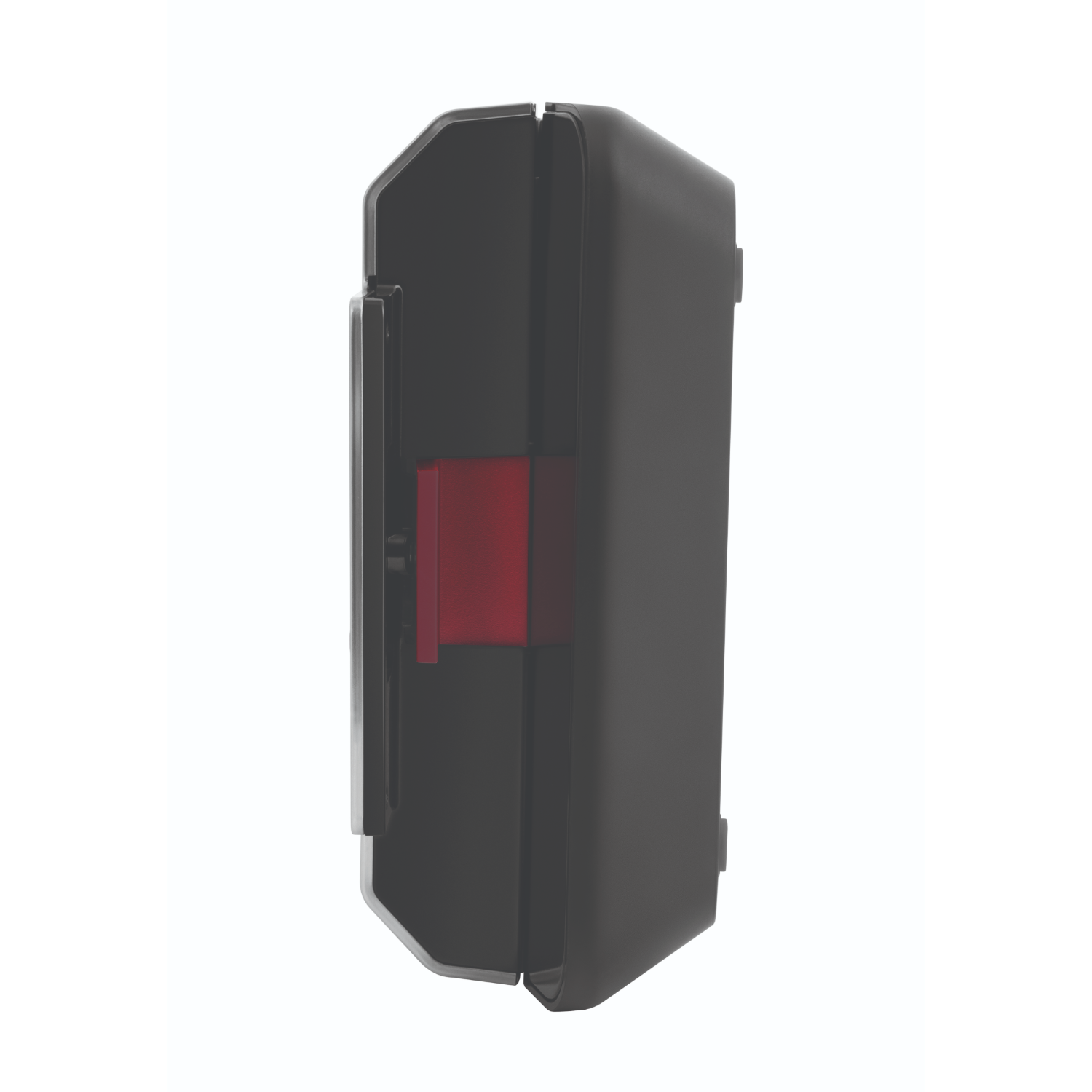 Black, rectangular device with a red component. The device is on a white background.