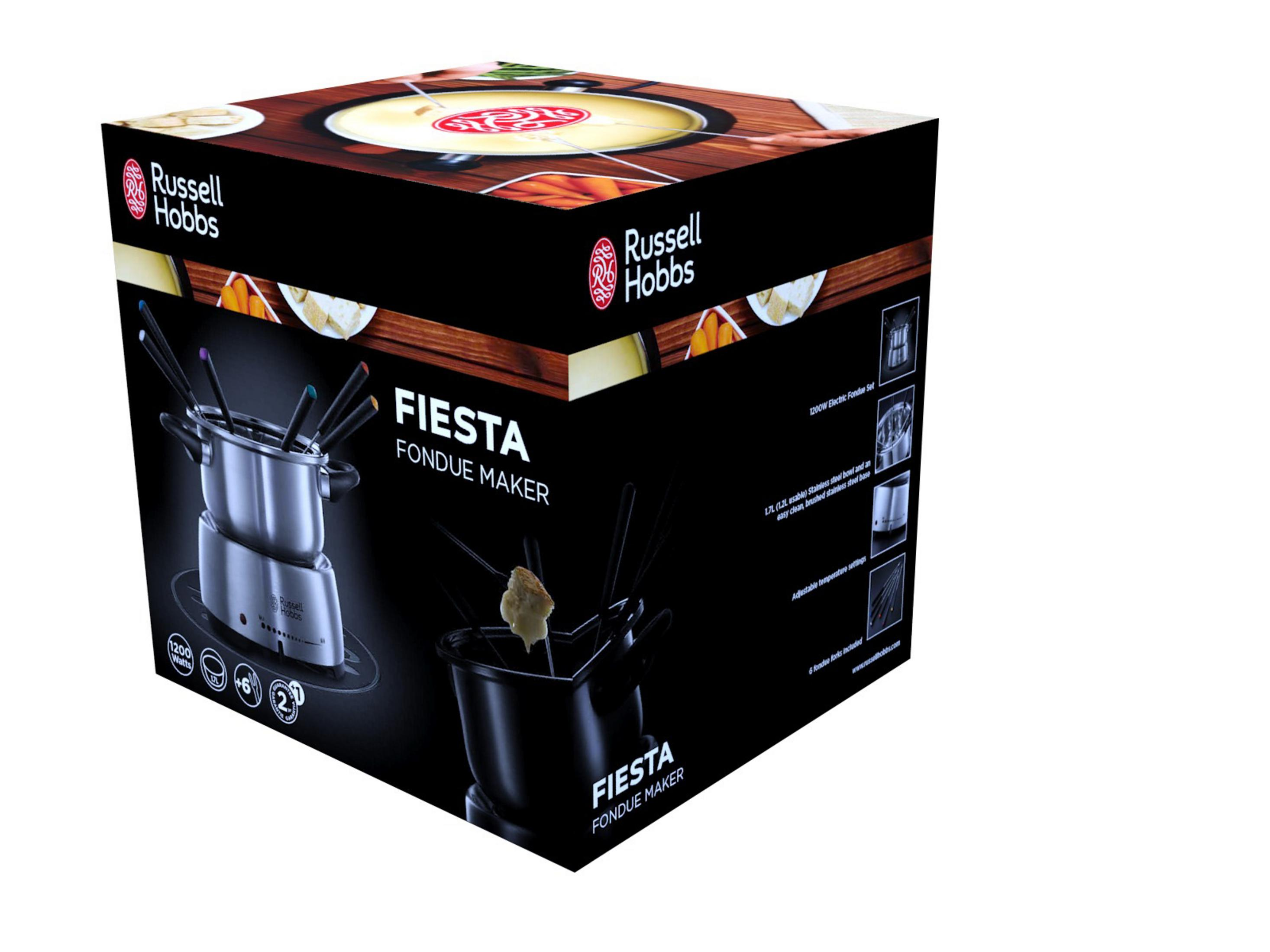 Zapakowany zestaw do fondue Russell Hobbs Fiesta ze zdjęciem produktu.