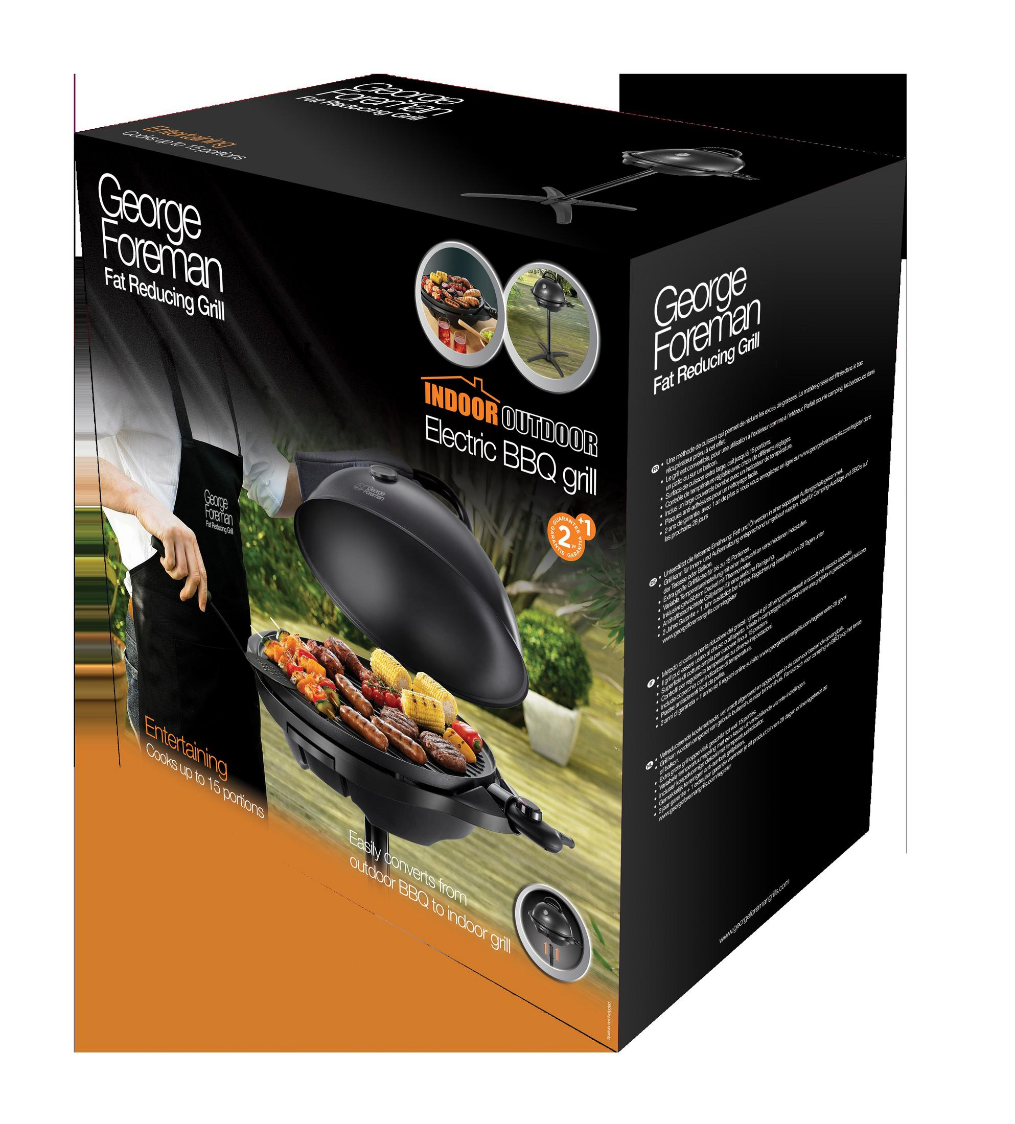 Grill George Foreman do użytku wewnątrz i na zewnątrz w pudełku. Pudełko zawiera zdjęcia i tekst.