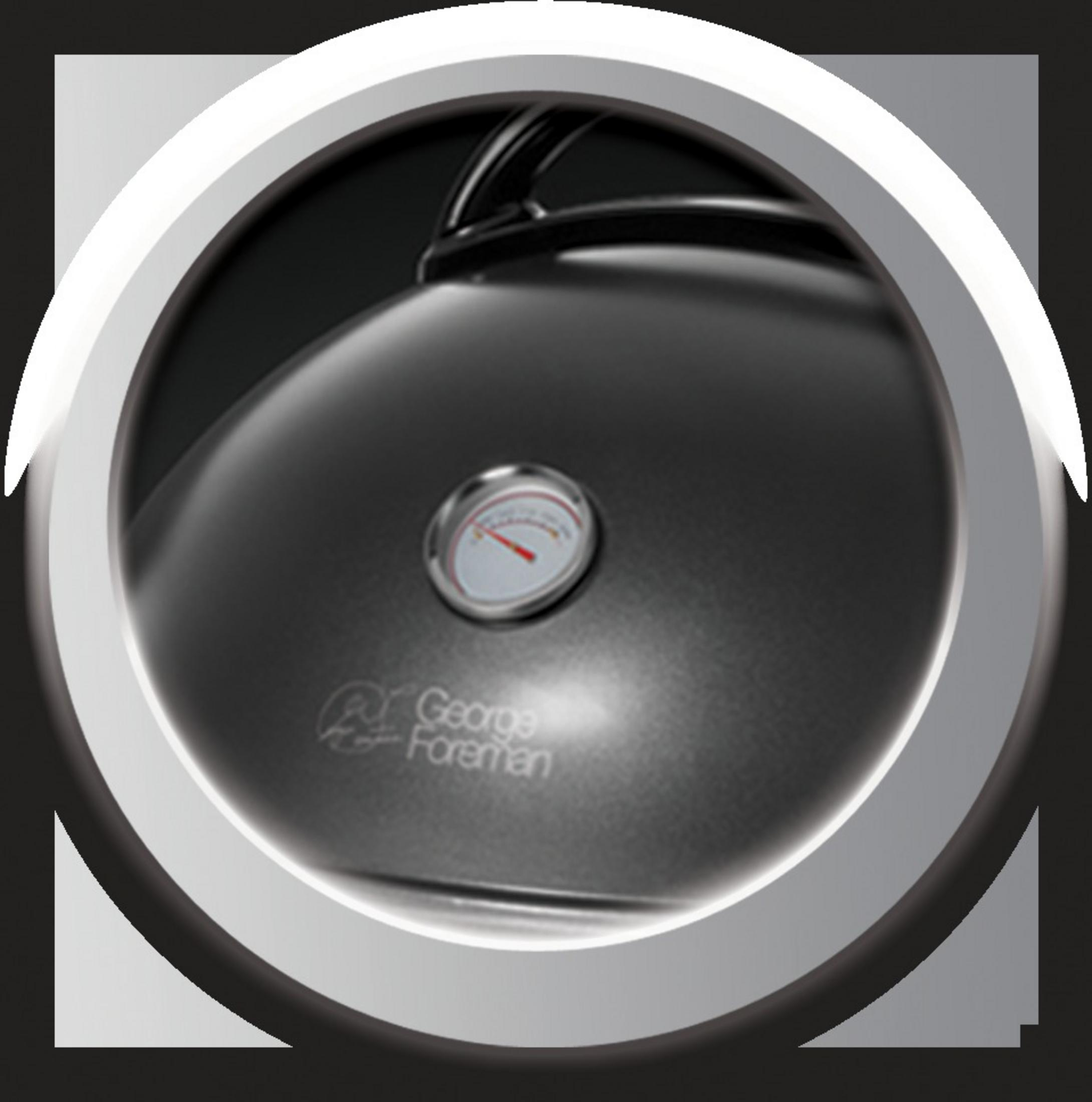 Zbliżenie ciemnoszarego grilla George'a Foremana, z okrągłą wstawką i wskaźnikiem temperatury.