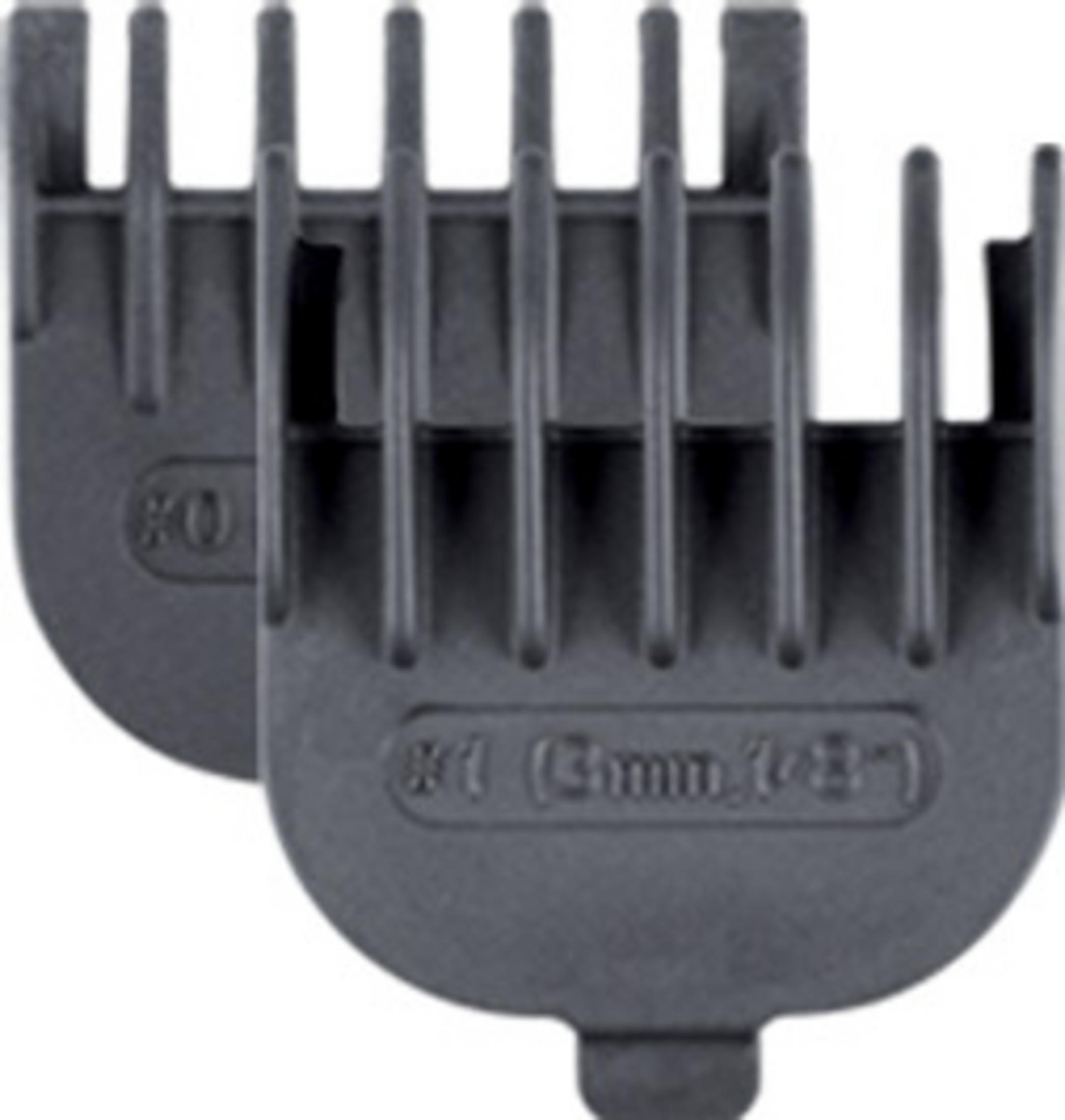 Zwei dunkelgraue Haarschneiderschneideaufsätze mit Zahlen. Einer sagt #0, der andere #1 (3mm).