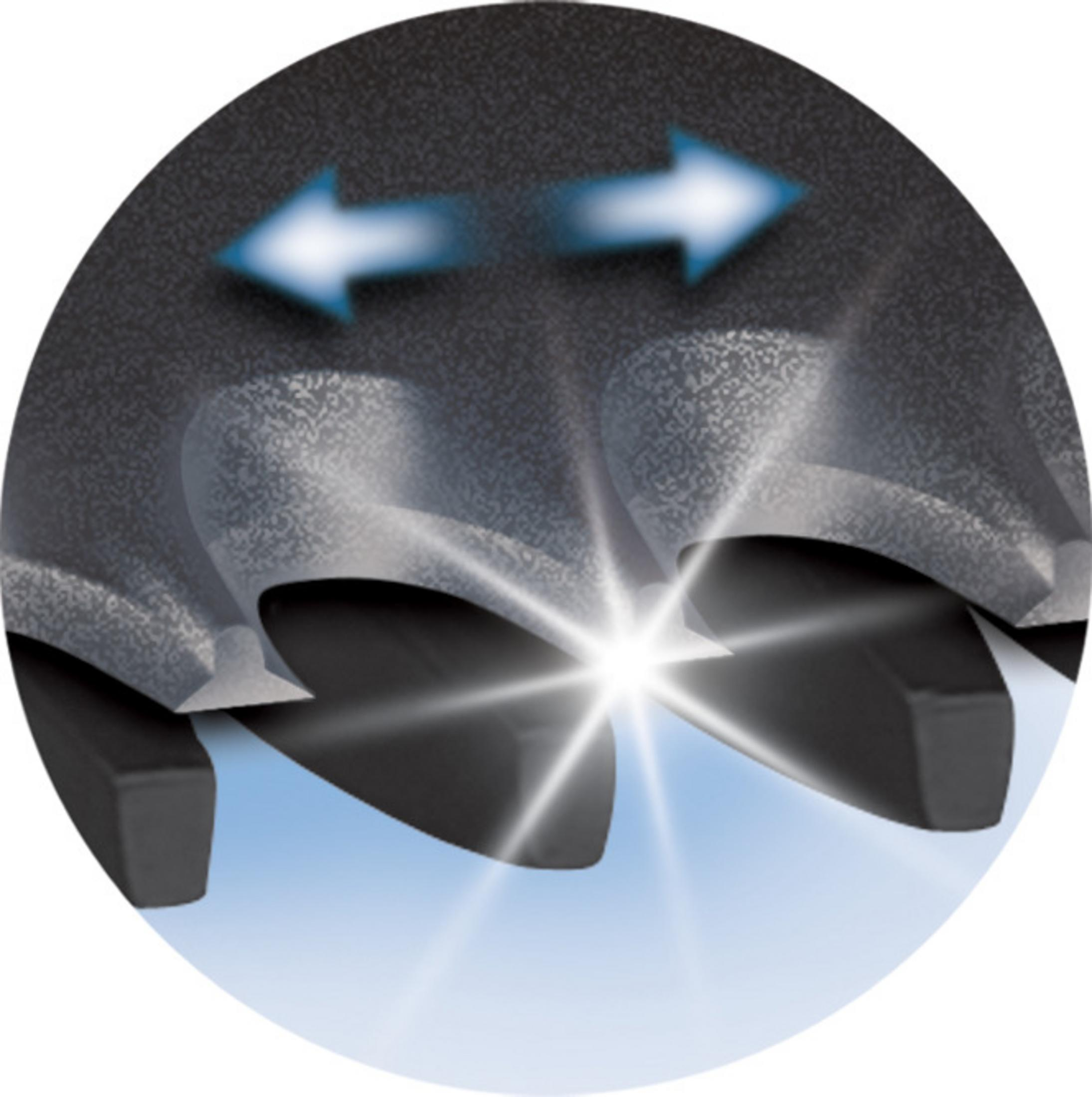 Nahaufnahme von schwarzen Klingen mit weißen Pfeilen und einer hellen Lichtquelle. Der Hintergrund ist blau.