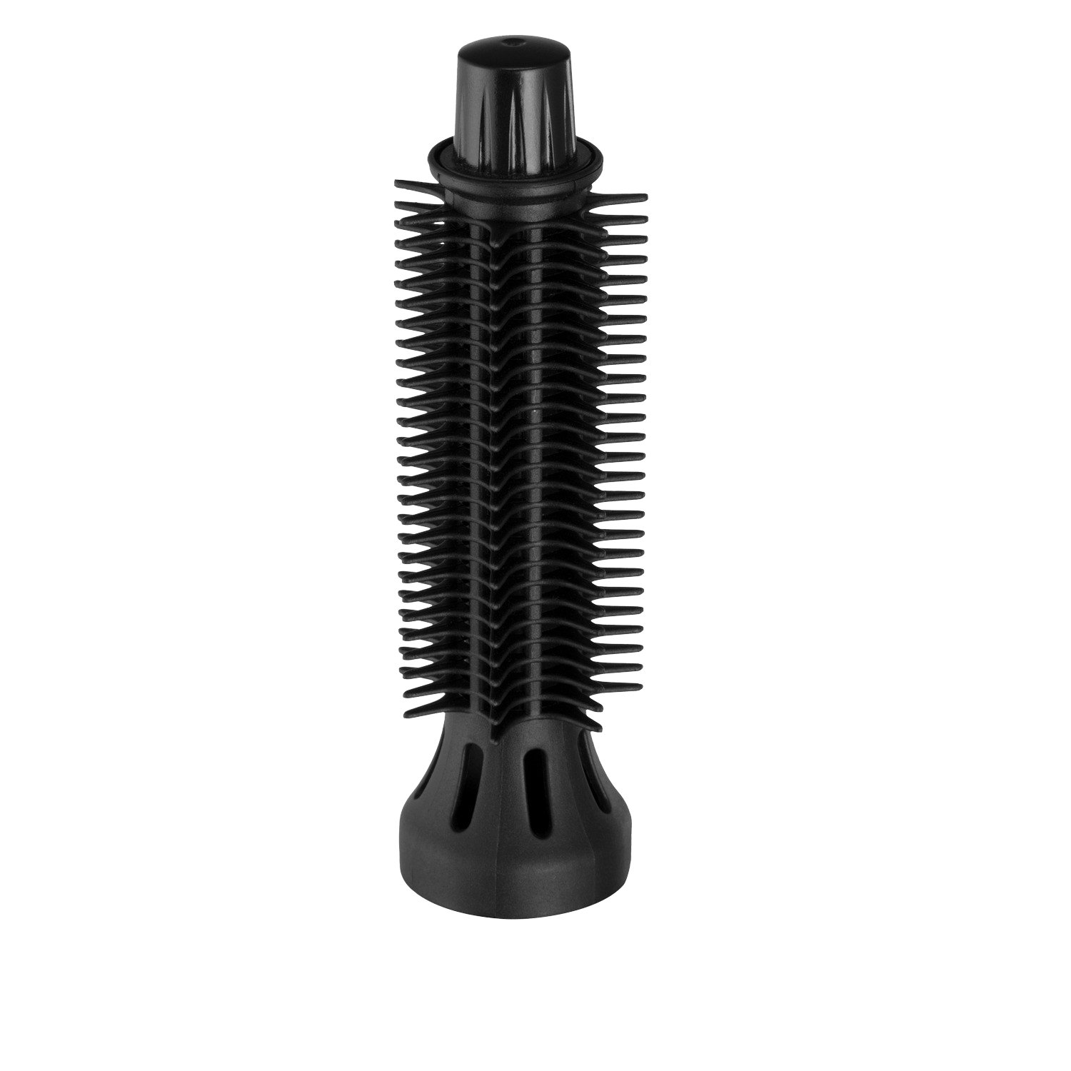 Czarna dysza suszarki do włosów z włosiem na czarnym tle.