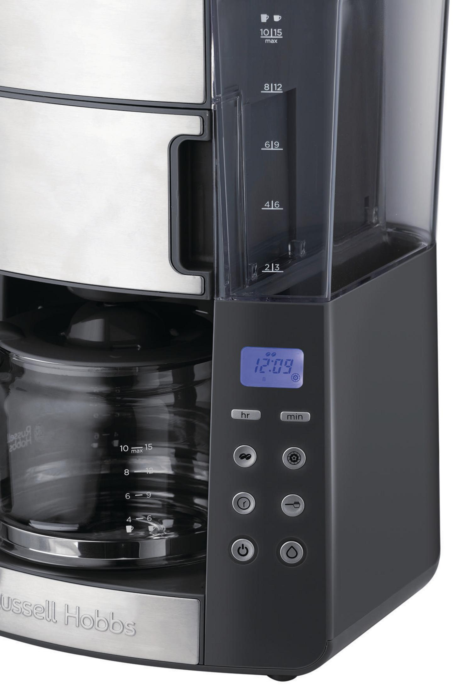 Ekspres do kawy Russell Hobbs z cyfrowym wyświetlaczem pokazującym 12:09.