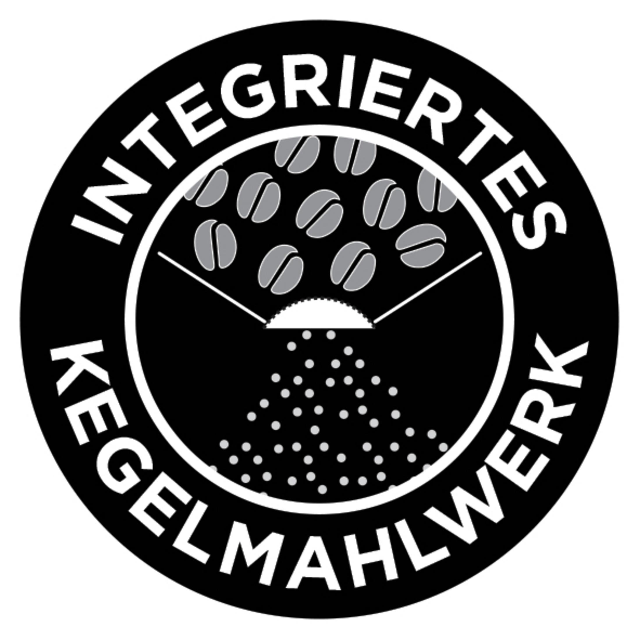 Czarno-białe logo z ziarnami kawy, tekst w okręgu: 'INTEGRIERTES KEGELMAHLWERK'.