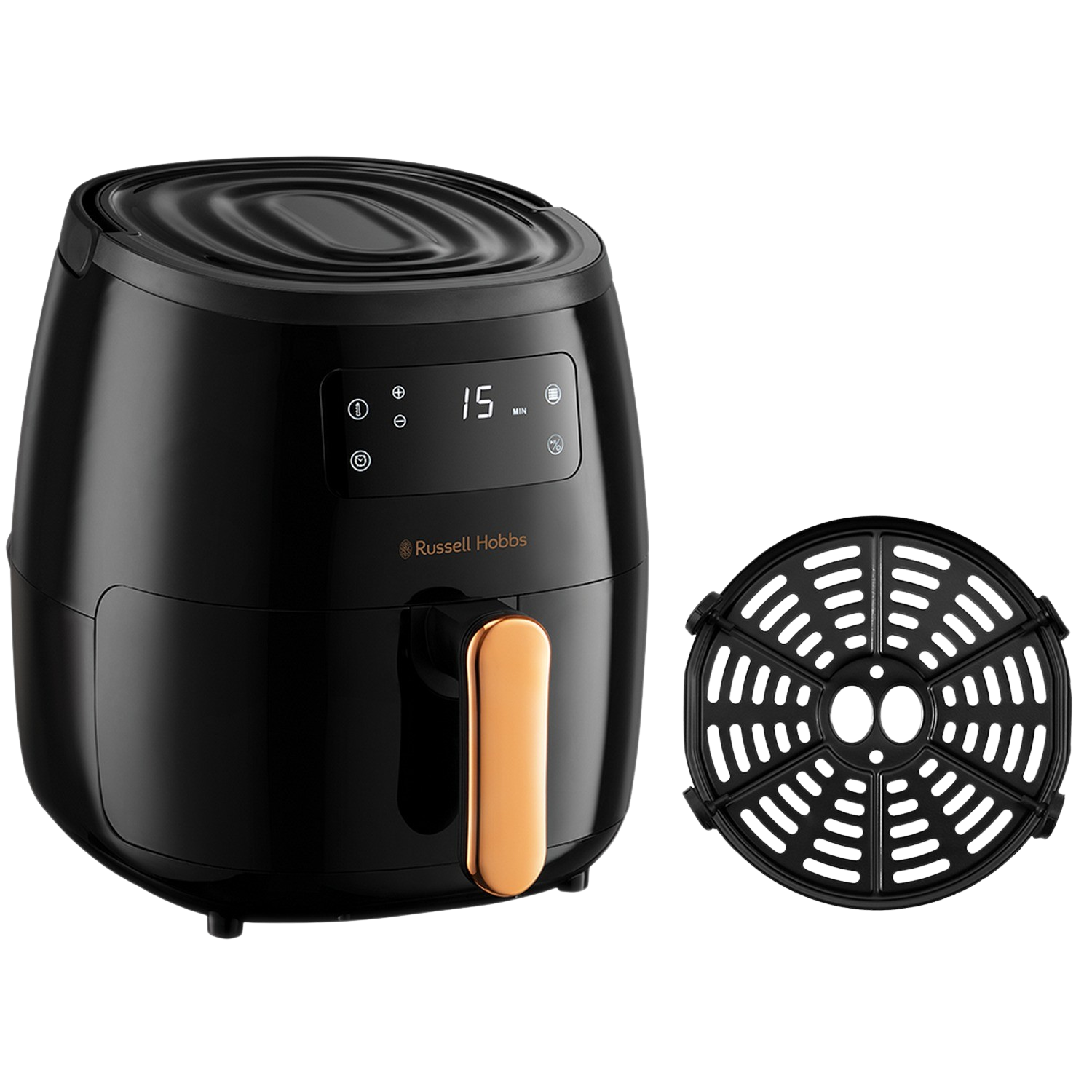 Friggitrice ad aria Russell Hobbs nera con manico dorato e vassoio rimovibile. Sfondo nero.