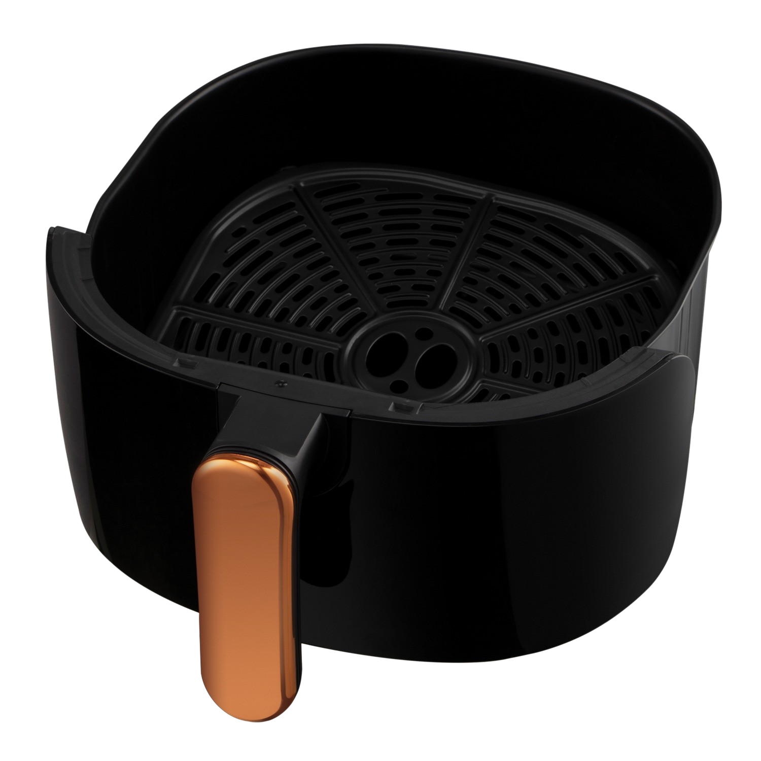 Friggitrice ad aria nera con manico in rame. Il cestello è all'interno.